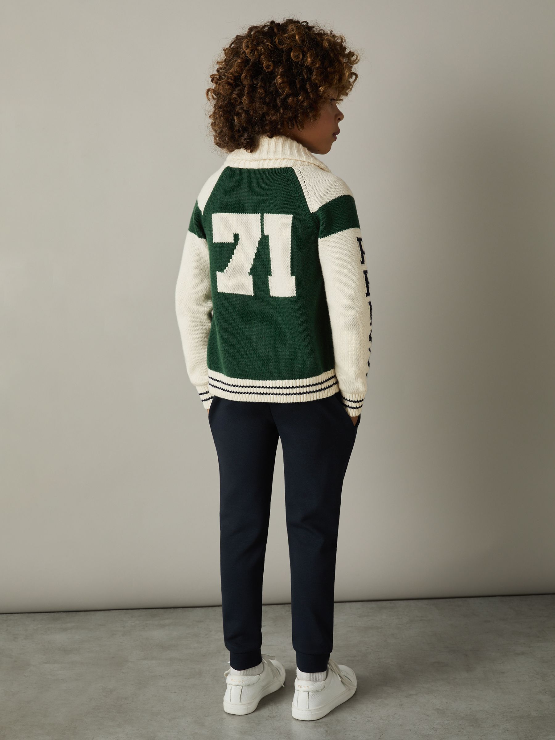 3-9 yrs Knitted Varsity Cardigan in Green/Offwhite - Image 3 of 4