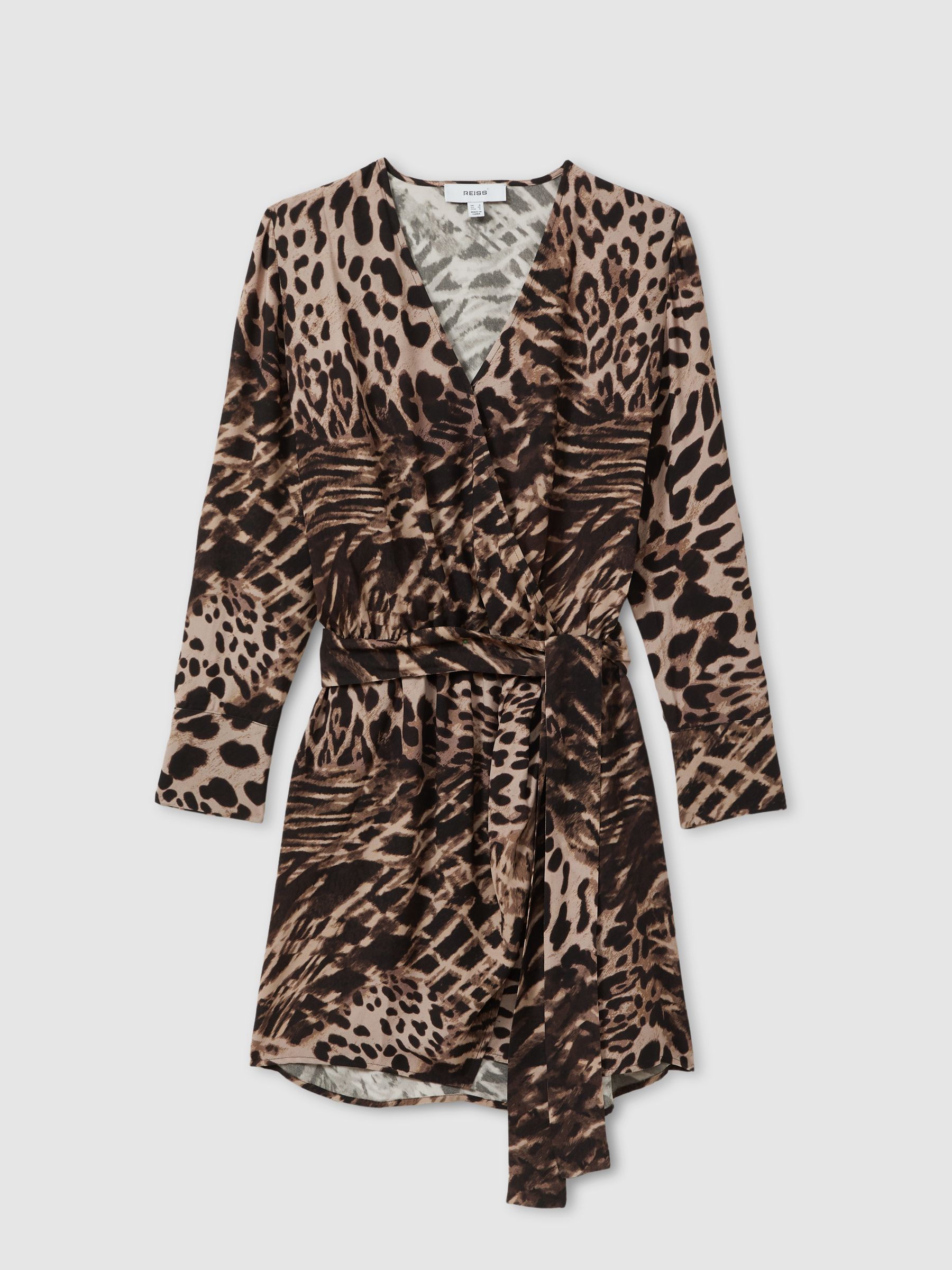 Animal Print Wrap Belted Mini Dress in Neutral/Brown - Image 2 of 6