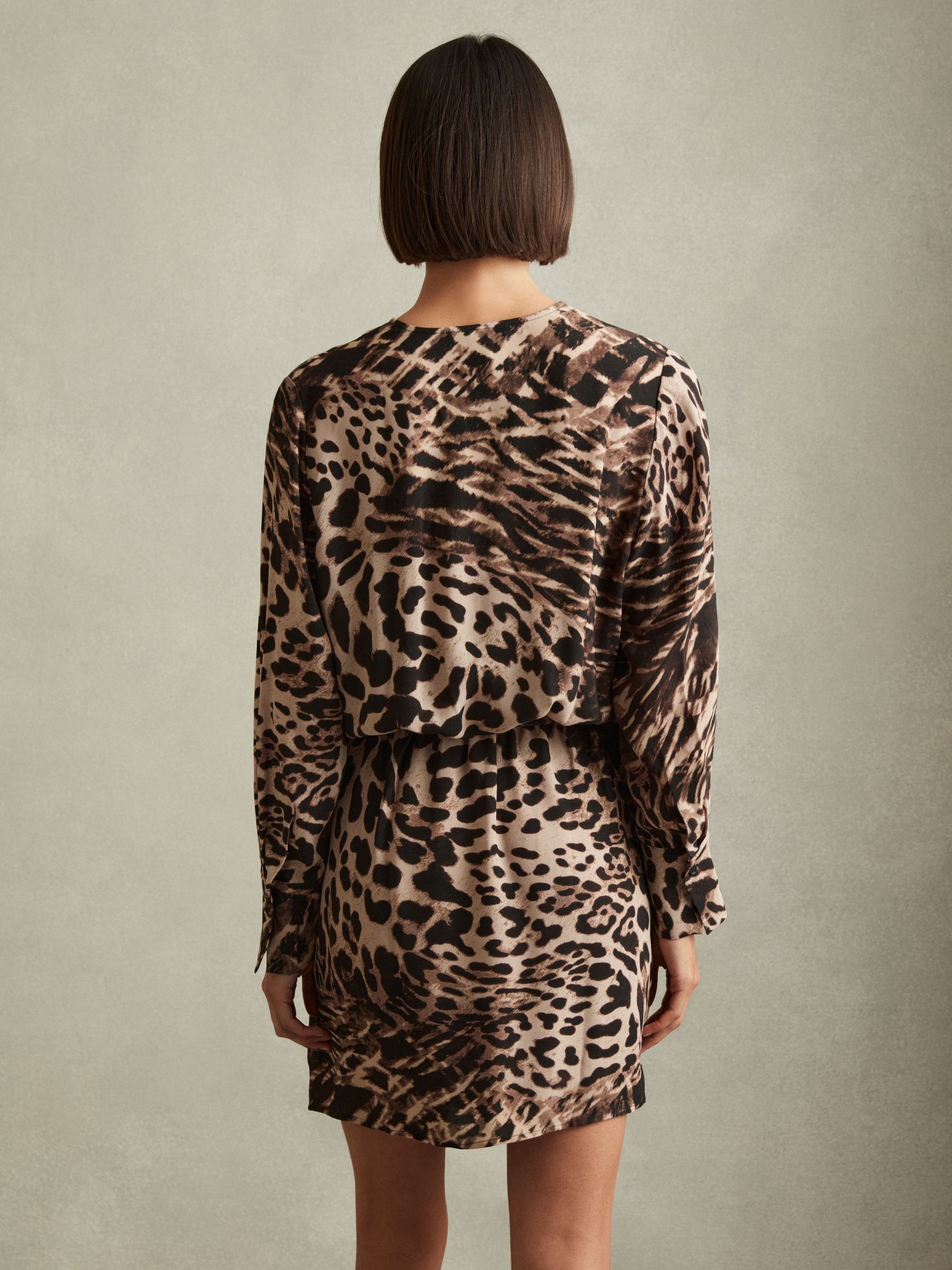 Animal Print Wrap Belted Mini Dress in Neutral/Brown - Image 5 of 6