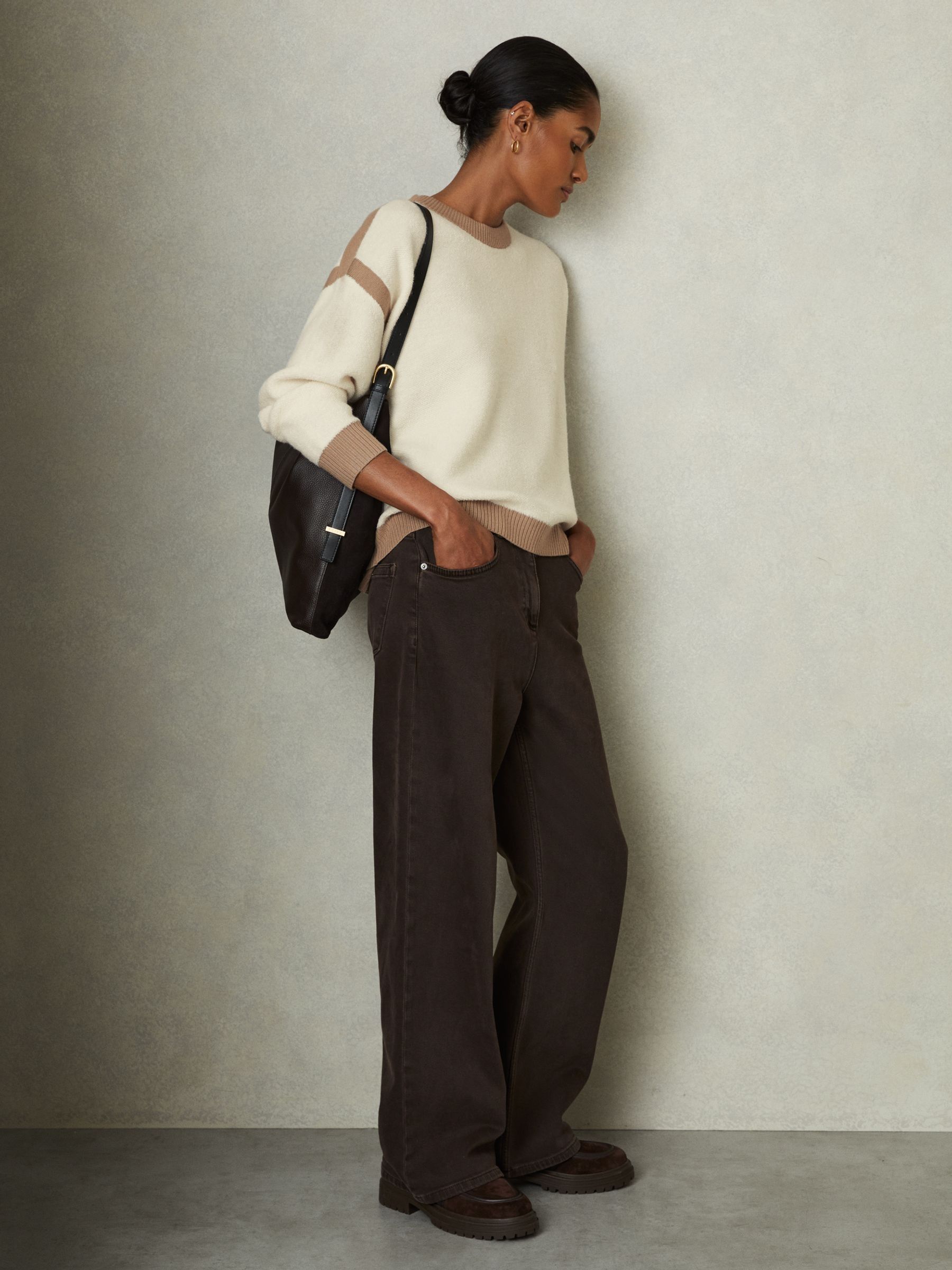 Wool Colourblock Crew Neck Jumper in Cream/Camel - Image 1 of 5
