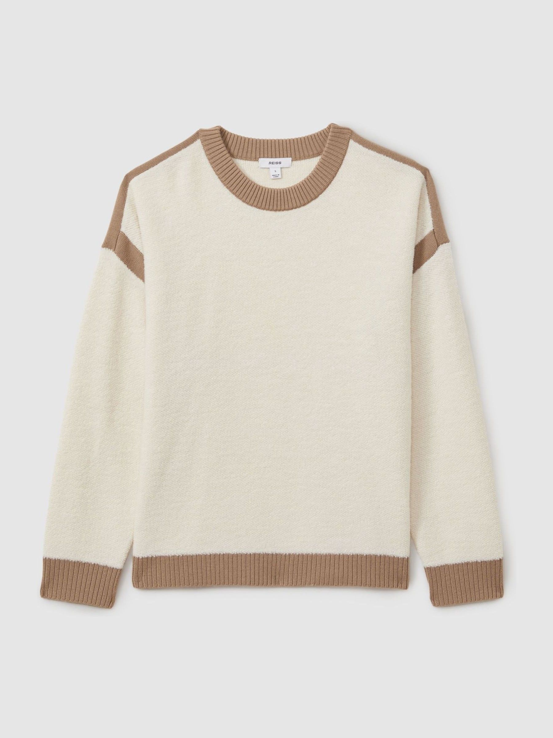 Wool Colourblock Crew Neck Jumper in Cream/Camel - Image 2 of 5