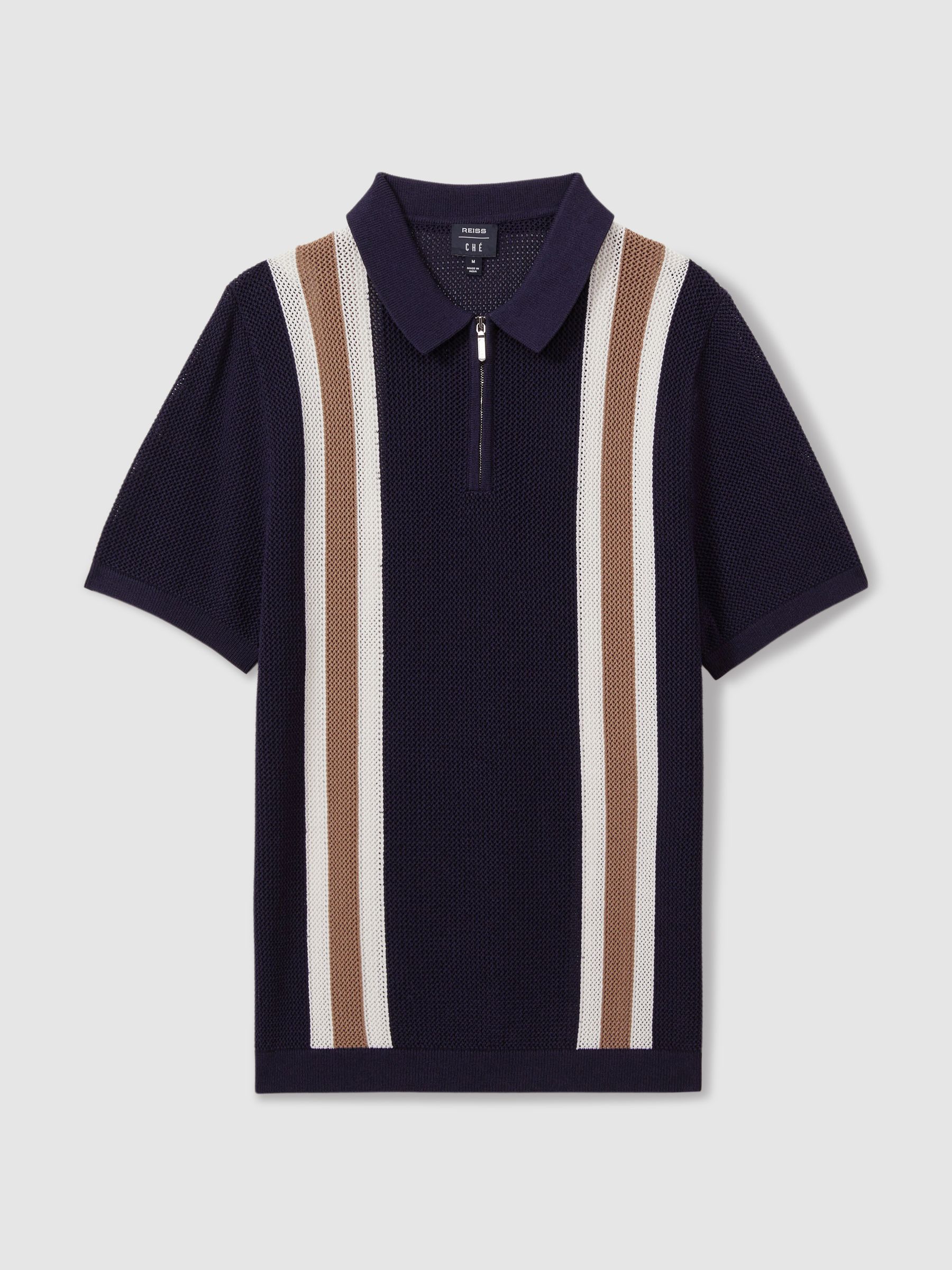 Ché Knitted Contrast Stripe Half-Zip Zip Polo Shirt in Navy/Camel - Image 1 of 5