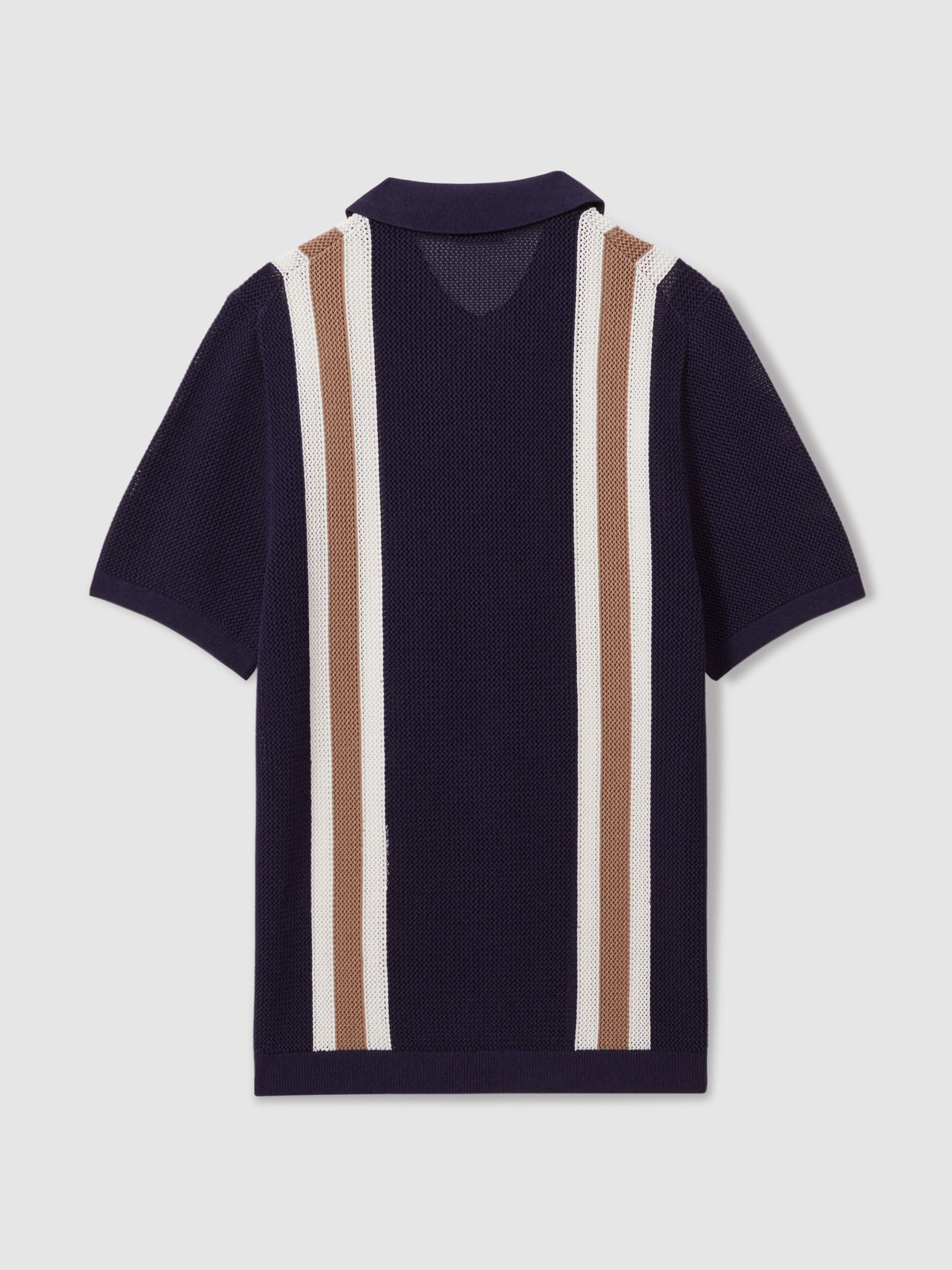 Ché Knitted Contrast Stripe Half-Zip Zip Polo Shirt in Navy/Camel - Image 3 of 5