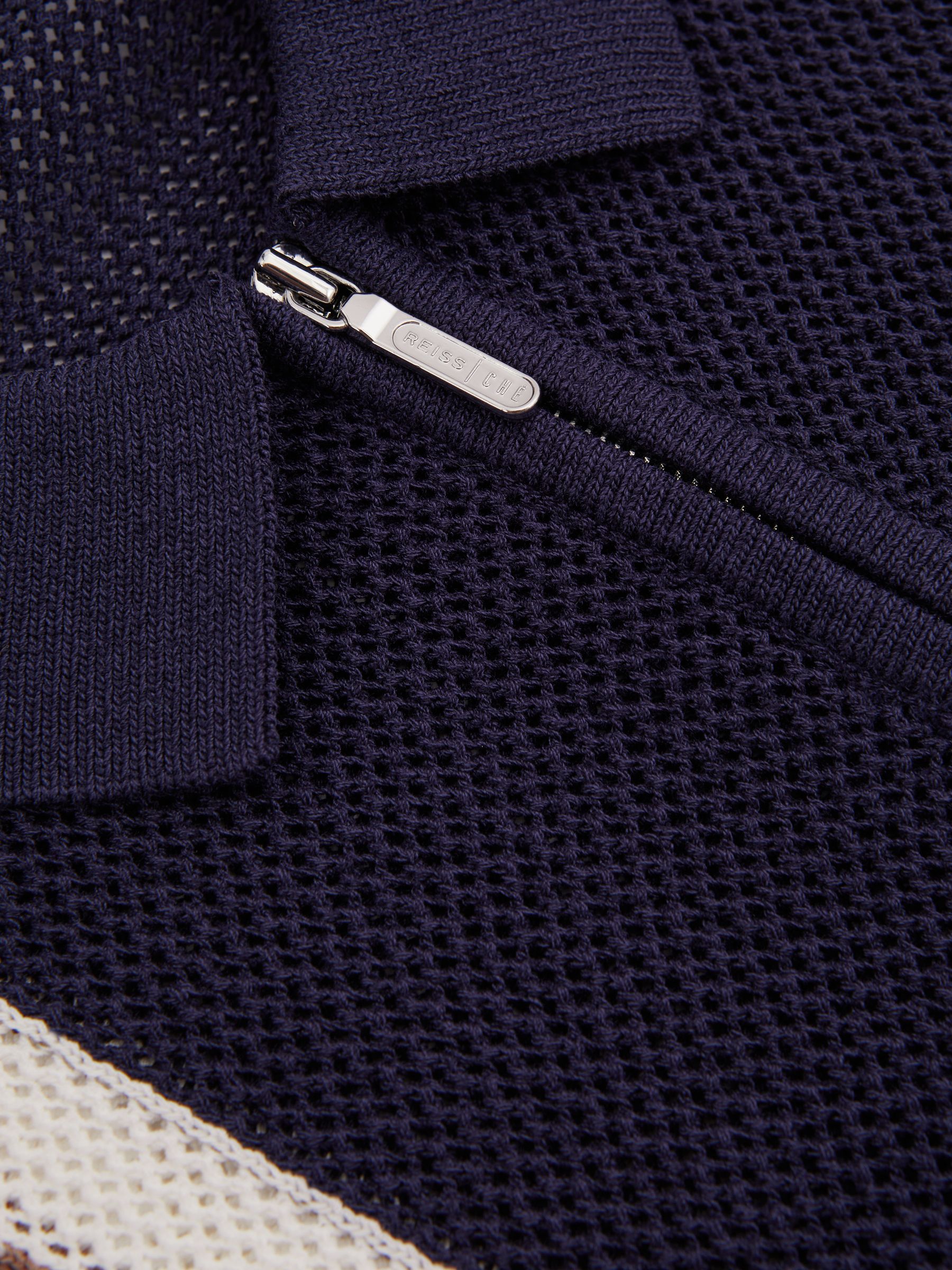 Ché Knitted Contrast Stripe Half-Zip Zip Polo Shirt in Navy/Camel - Image 4 of 5