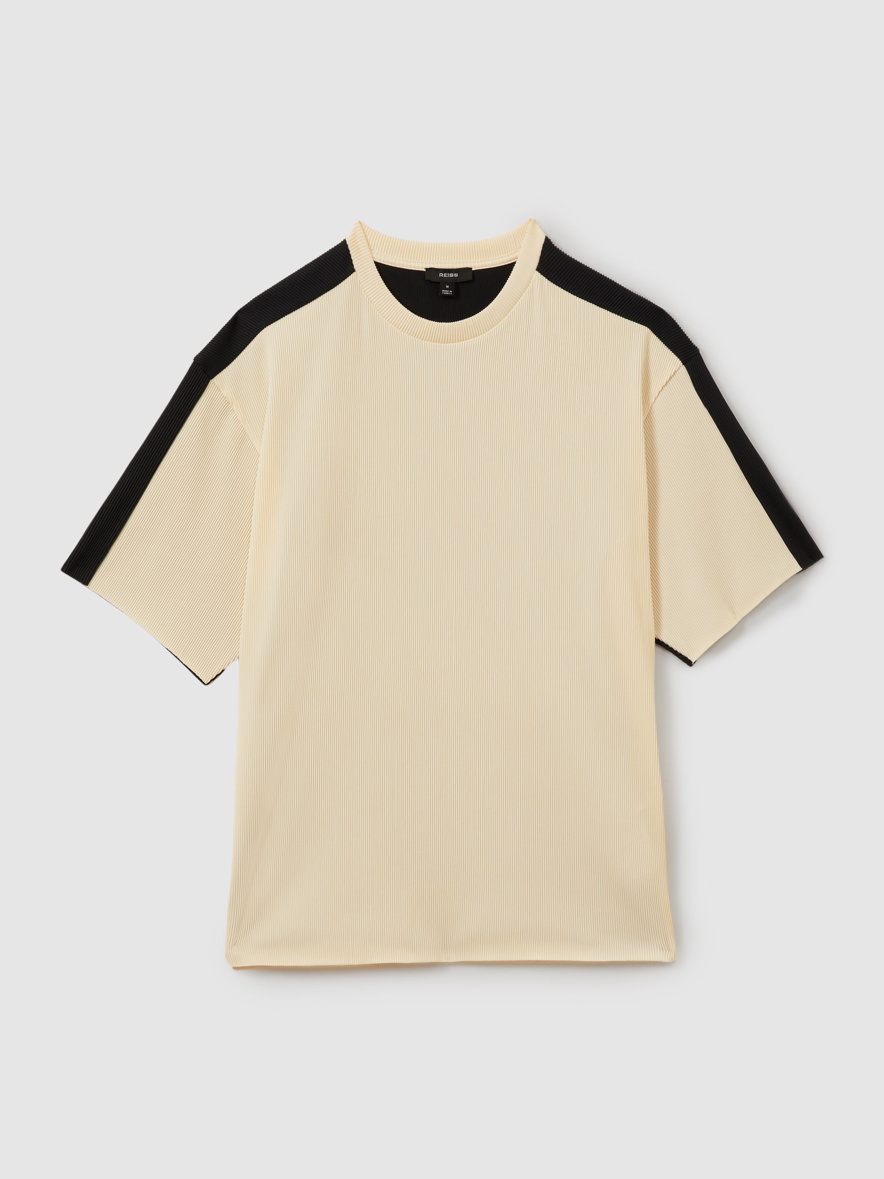 Oversized Plisse Crew Neck T-Shirt in Off White/Navy - Image 2 of 6