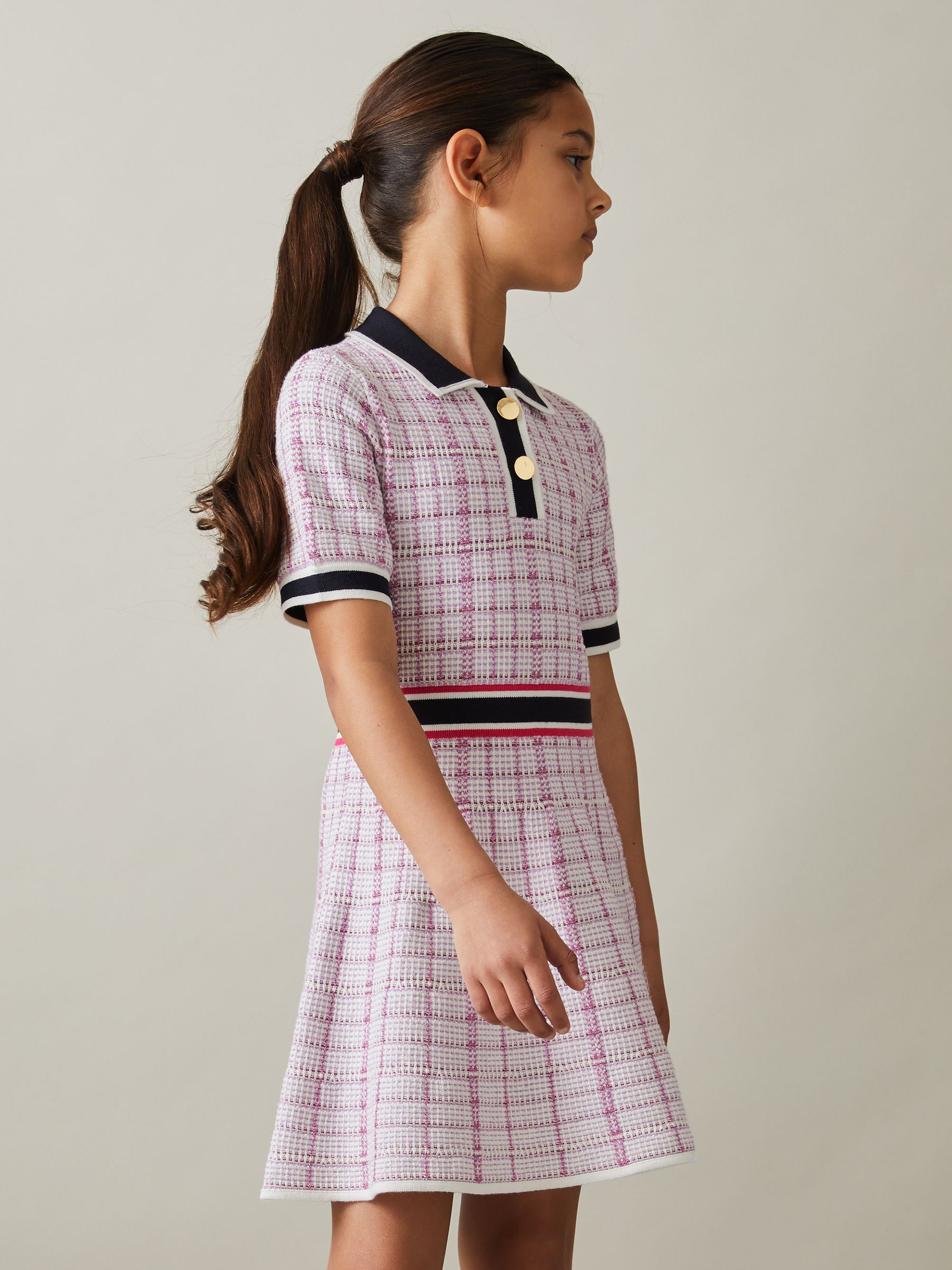 9-13 yrs Knitted Metallic Polo-Neck Dress in Pink - Image 1 of 4 9-13 yrs Knitted Metallic Polo-Neck Dress in Pink - Image 1 of 4