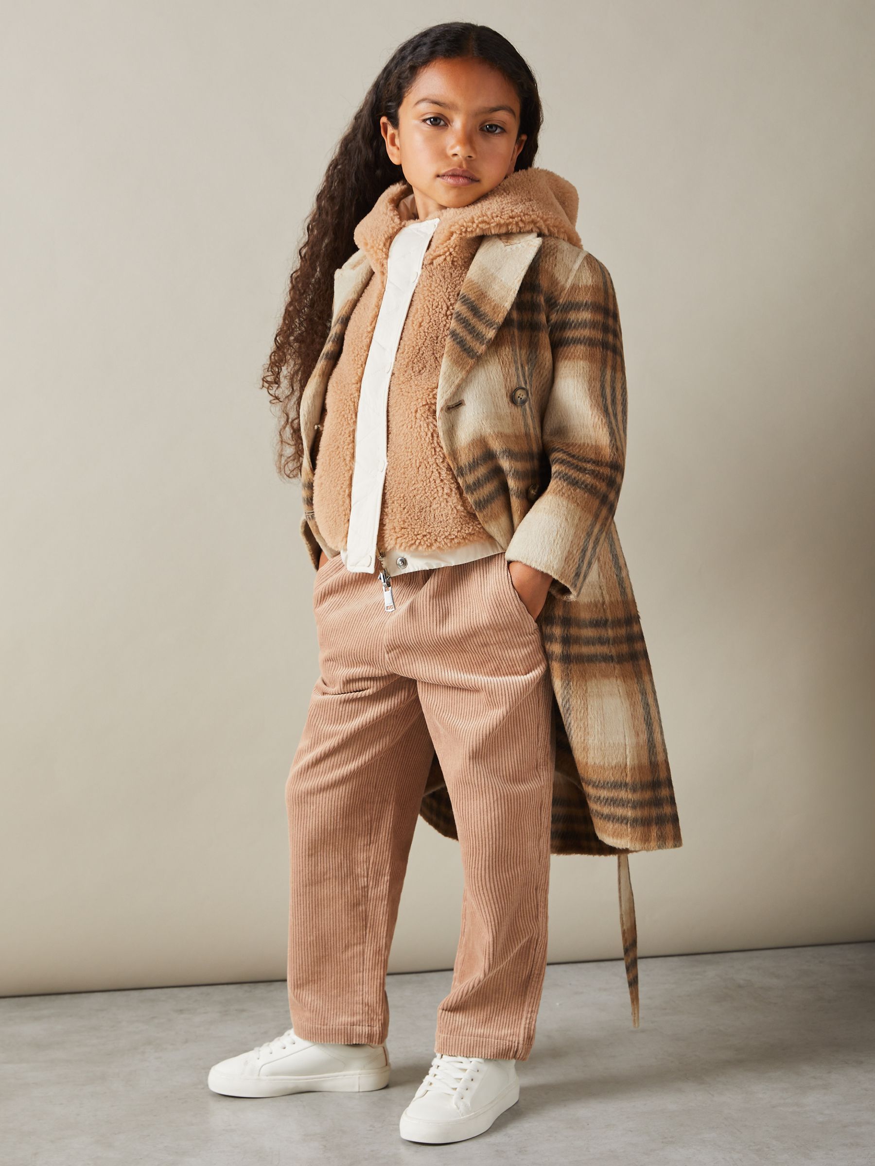 9-13 yrs Checked Wool Blend Blindseam Coat in Brown - Image 3 of 5