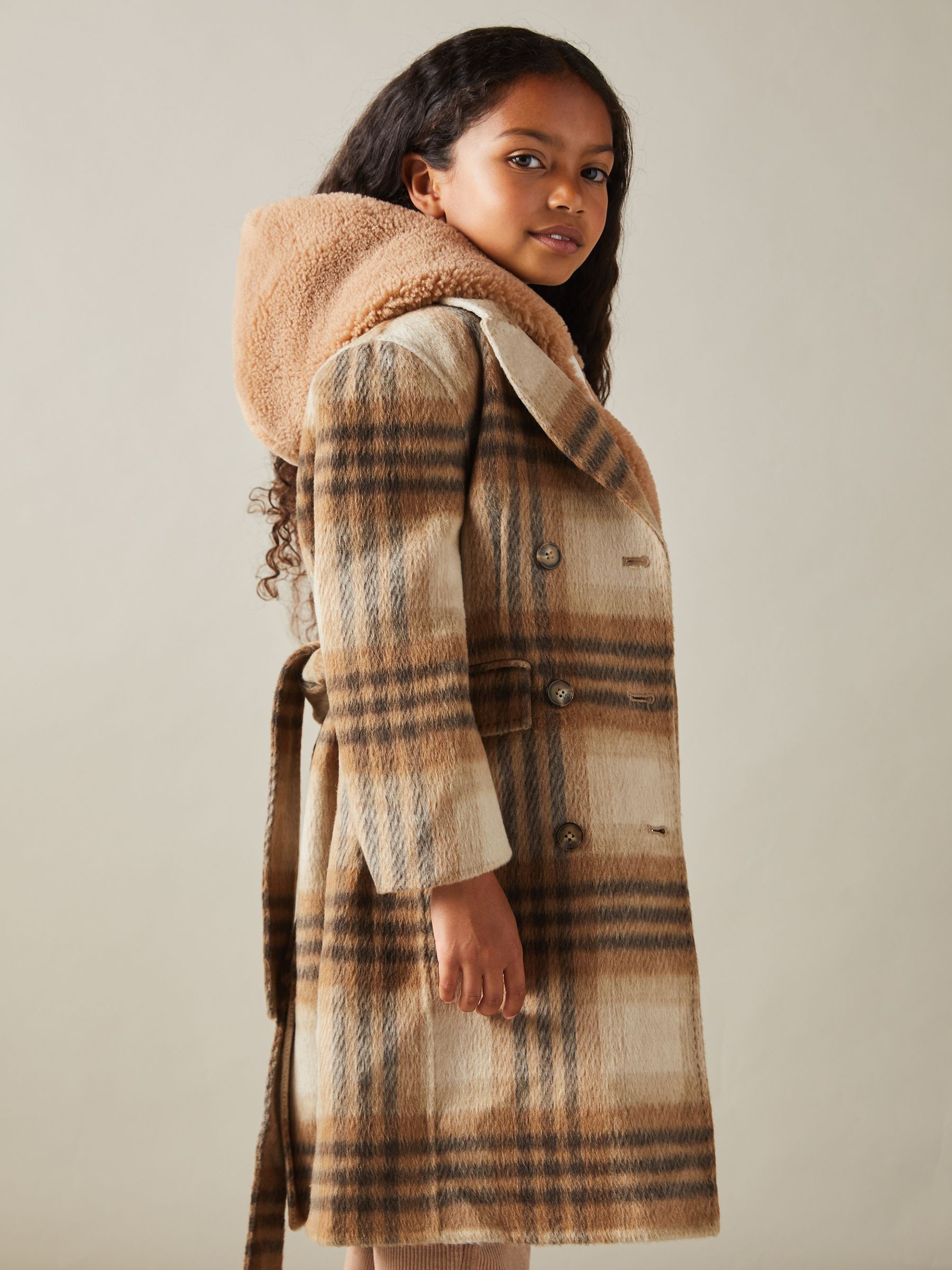 13-14 yrs Checked Wool Blend Blindseam Coat in Brown - Image 3 of 5