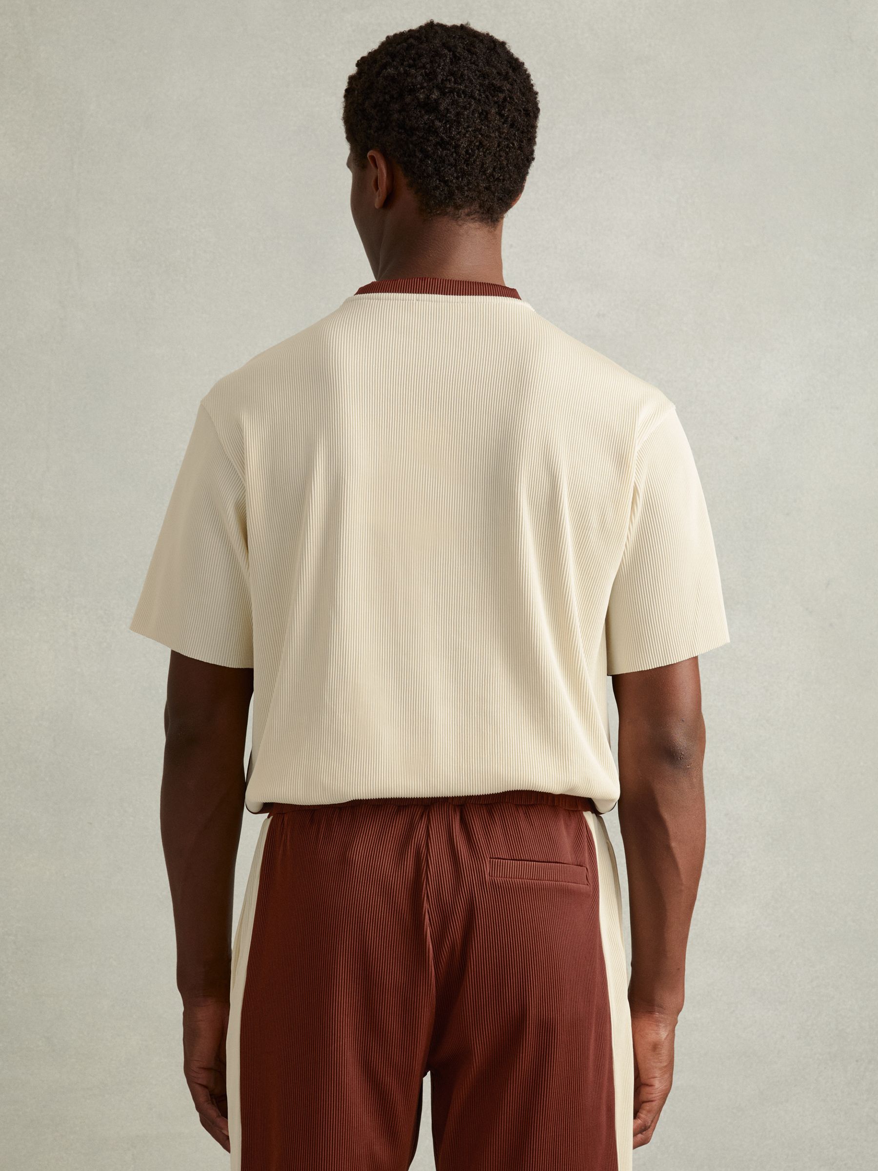 Oversized Plisse Crew Neck T-Shirt in Rust Red/Off White - Image 3 of 4