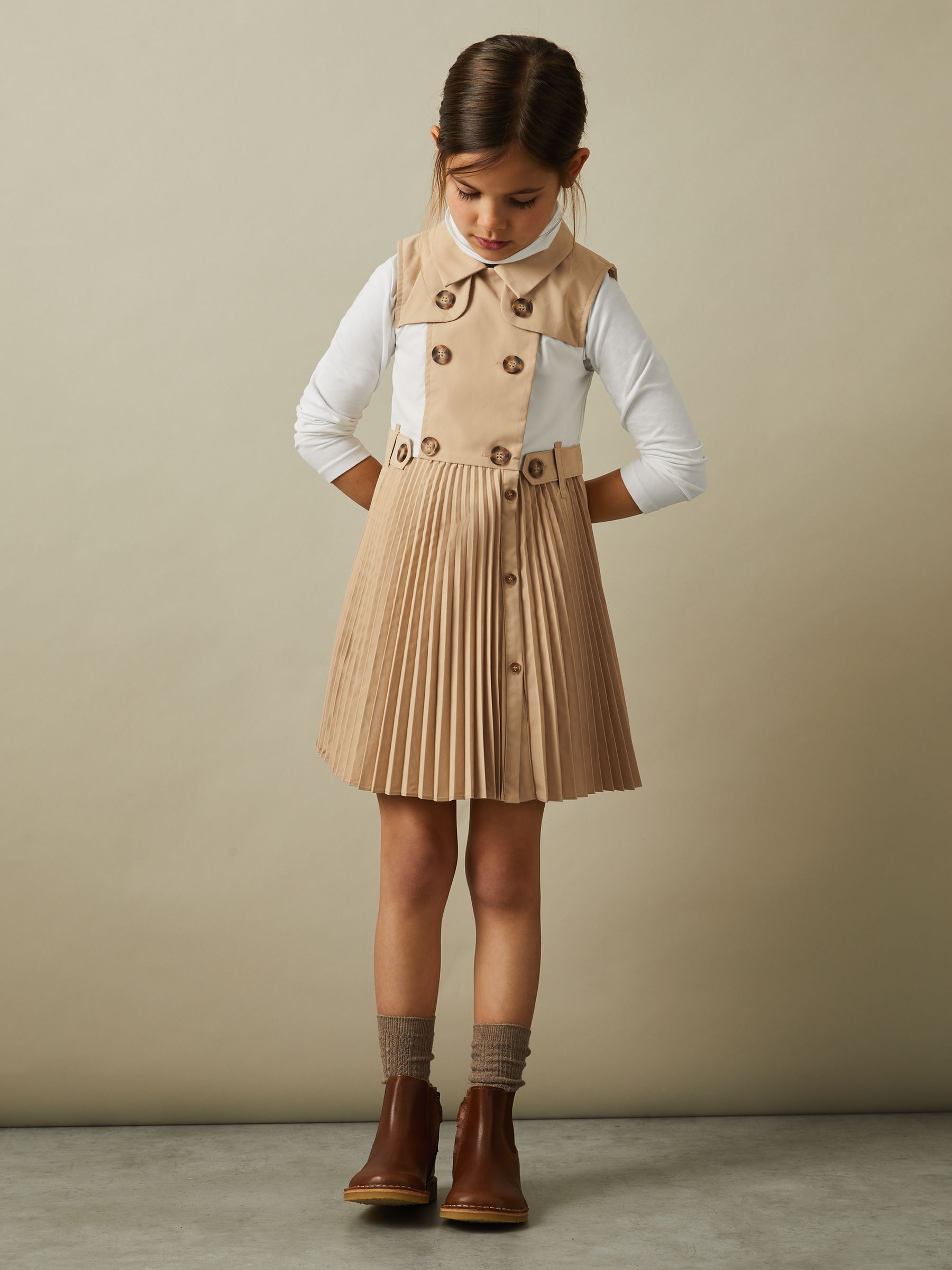 4-9 yrs Pleated Button-Front Dress in Camel - Image 1 of 4
