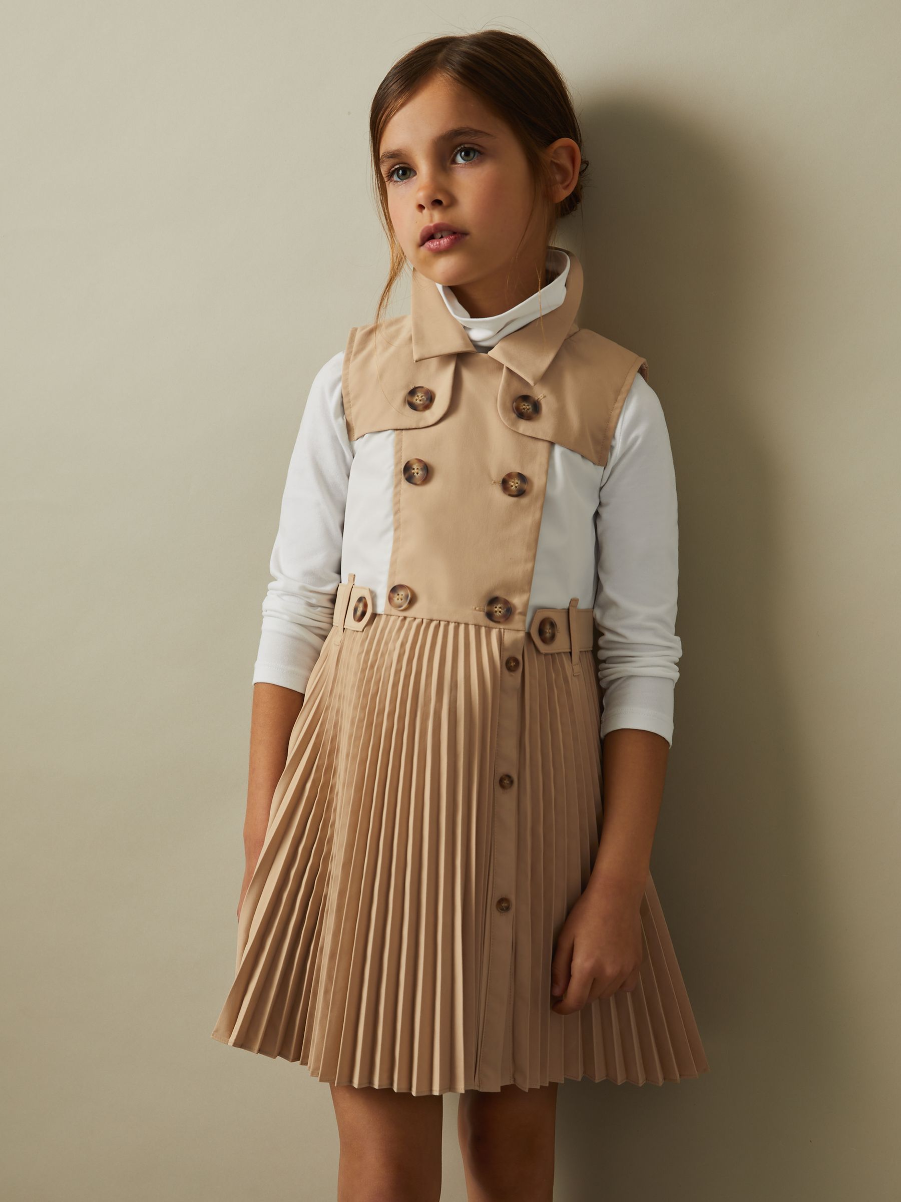 4-9 yrs Pleated Button-Front Dress in Camel - Image 3 of 4