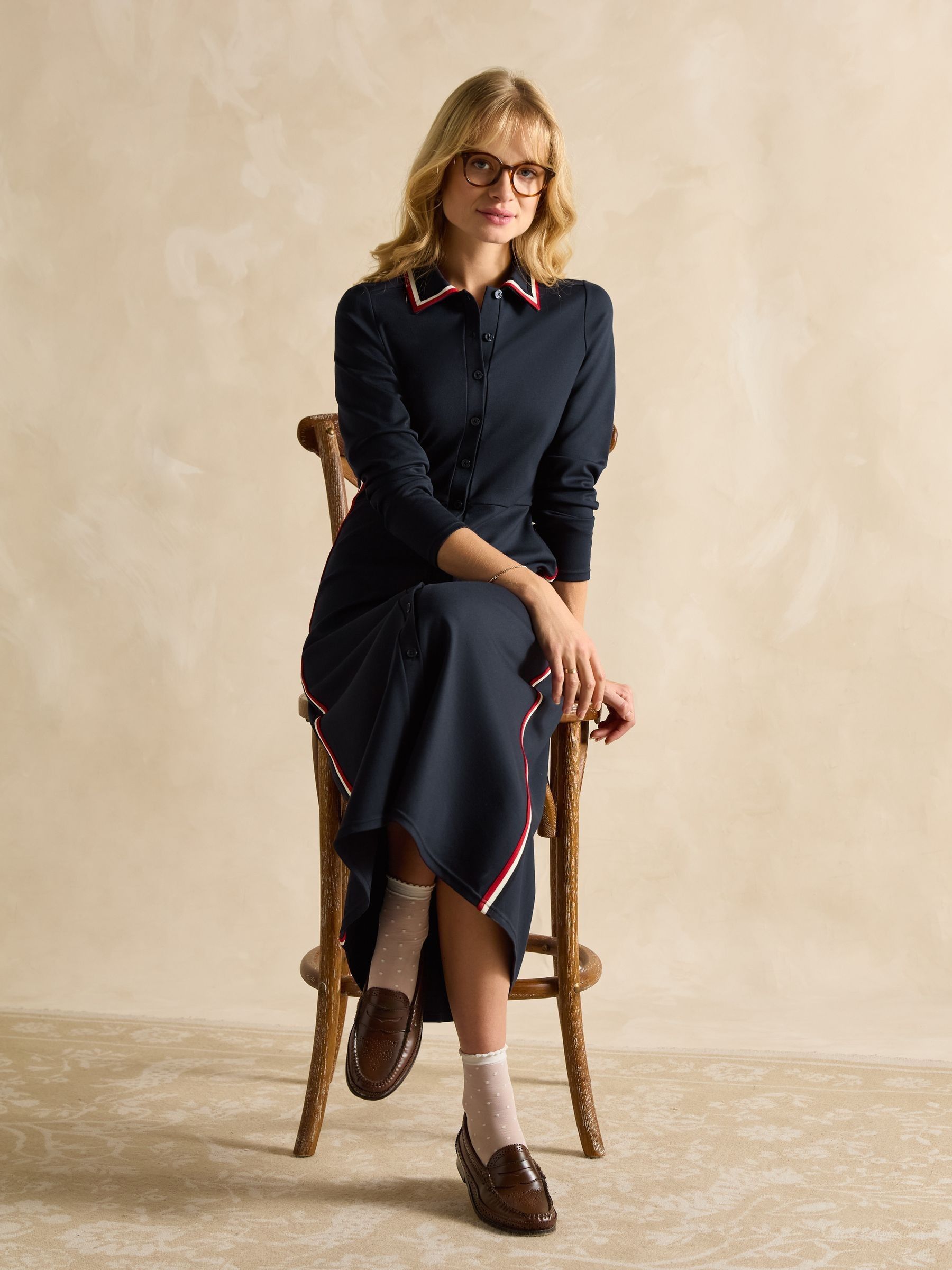 Pia Navy Blue Button Down Ponte Maxi Dress - Image 4 of 7