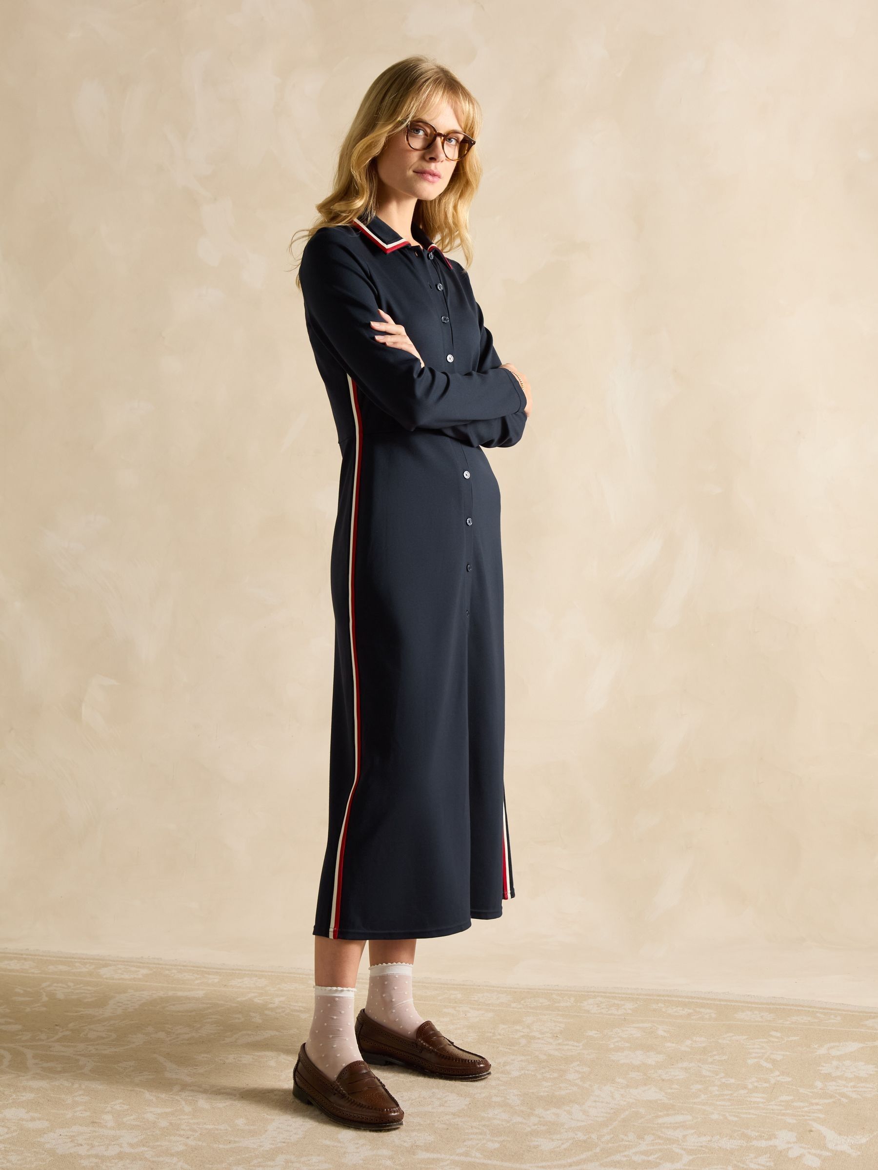 Pia Navy Blue Button Down Ponte Maxi Dress - Image 6 of 7