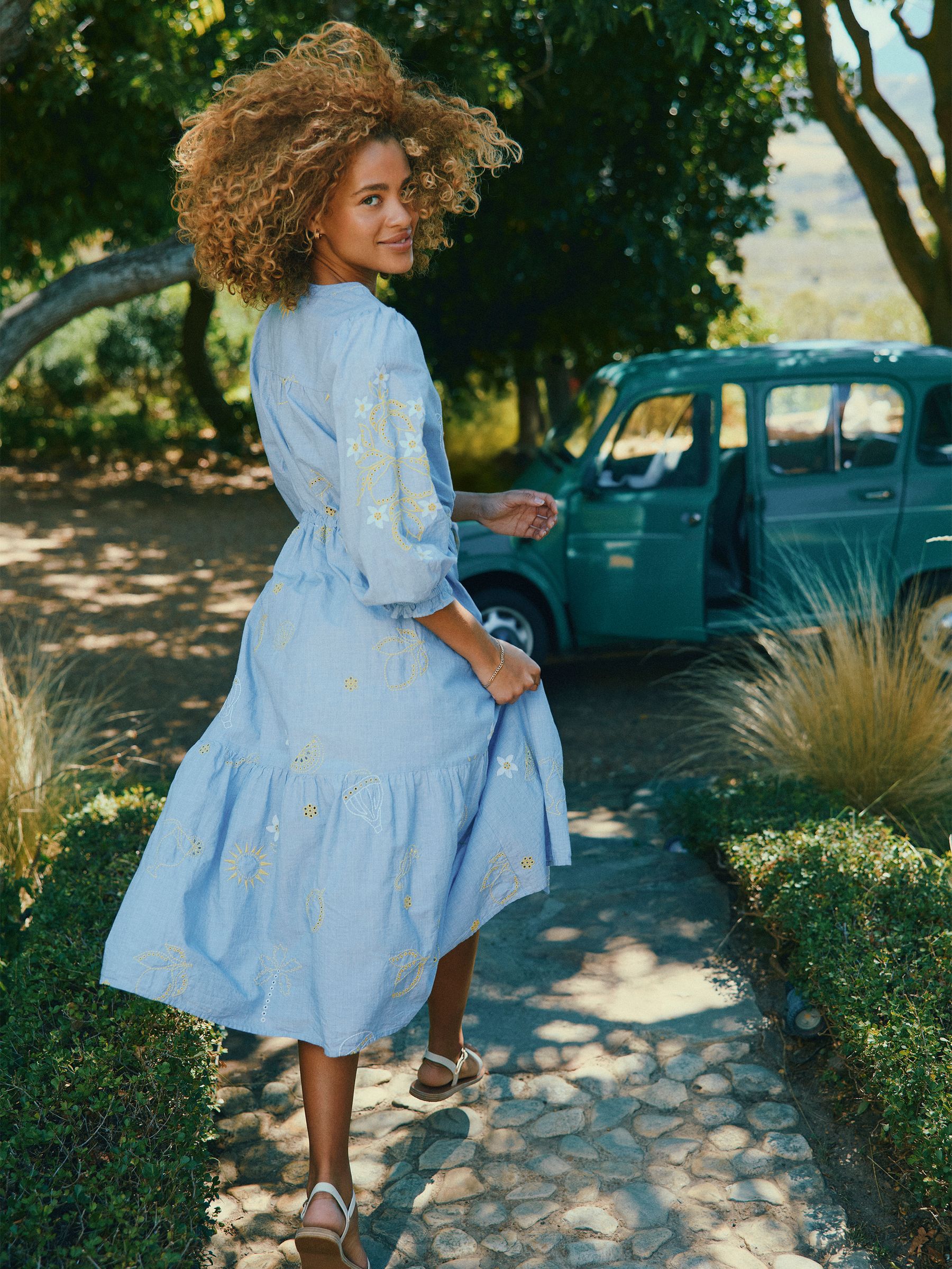 Juliana 100% Cotton Blue Broderie Midi Dress | Joules
