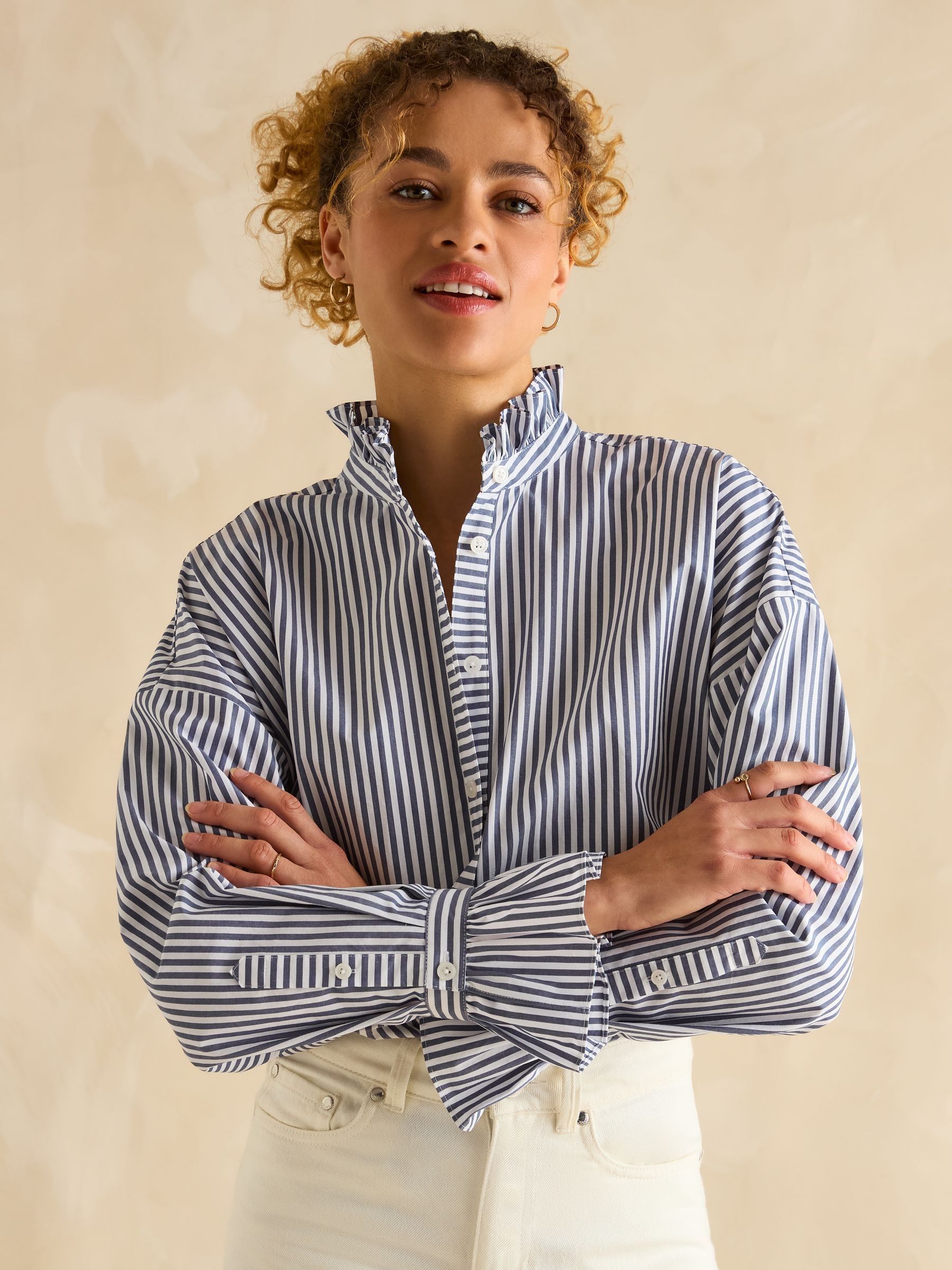 Mae Navy/White Relaxed Fit Frill Neck Shirt - Image 3 of 9