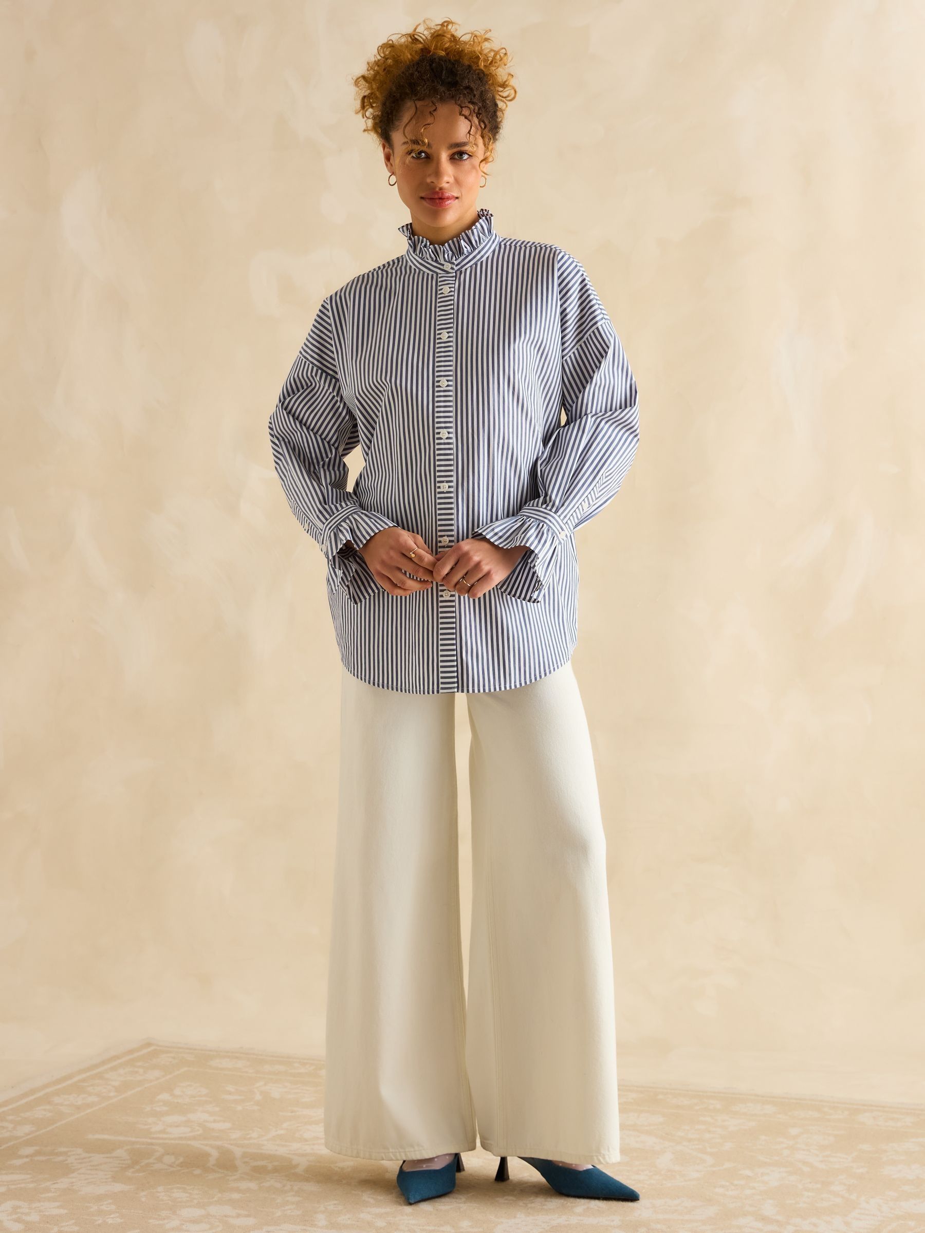 Mae Navy/White Relaxed Fit Frill Neck Shirt - Image 4 of 9