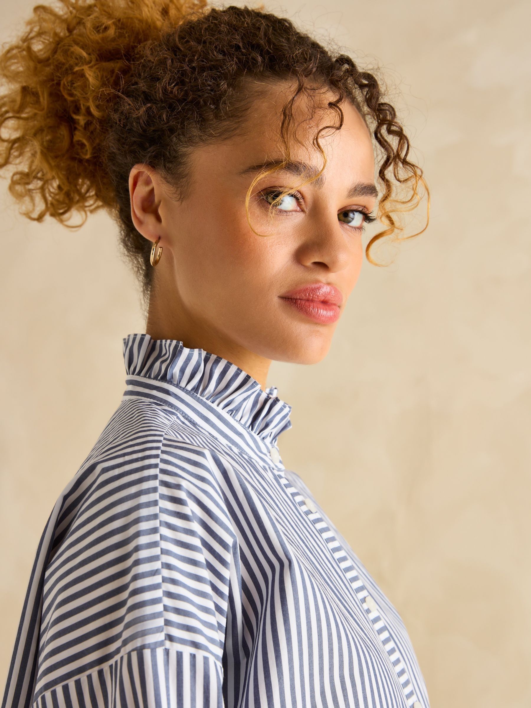 Mae Navy/White Oversized Frill Neck Stripe Shirt | Joules