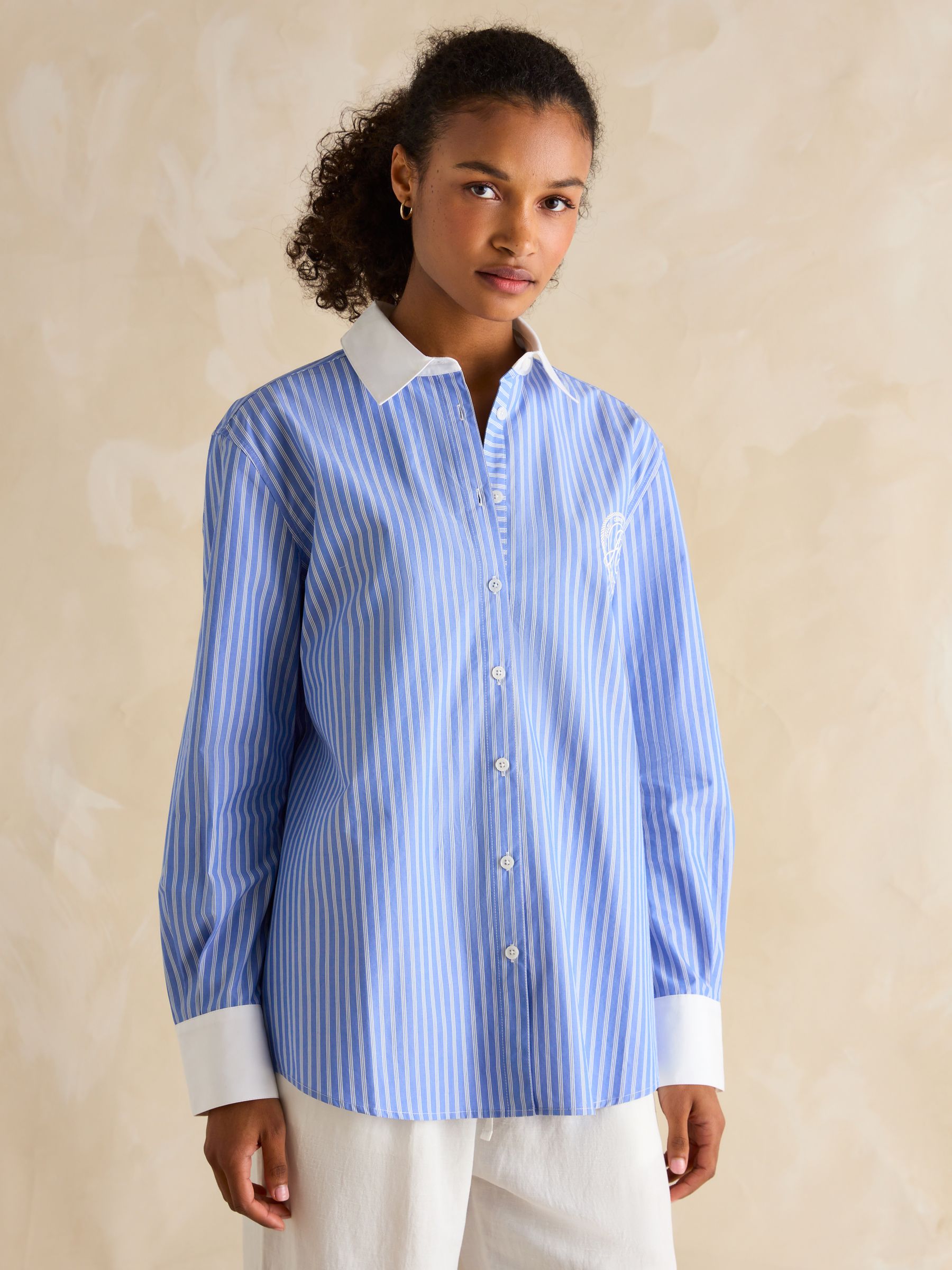 Amilla Blue & White Embroidery Longline Relaxed Fit Shirt - Image 1 of 9