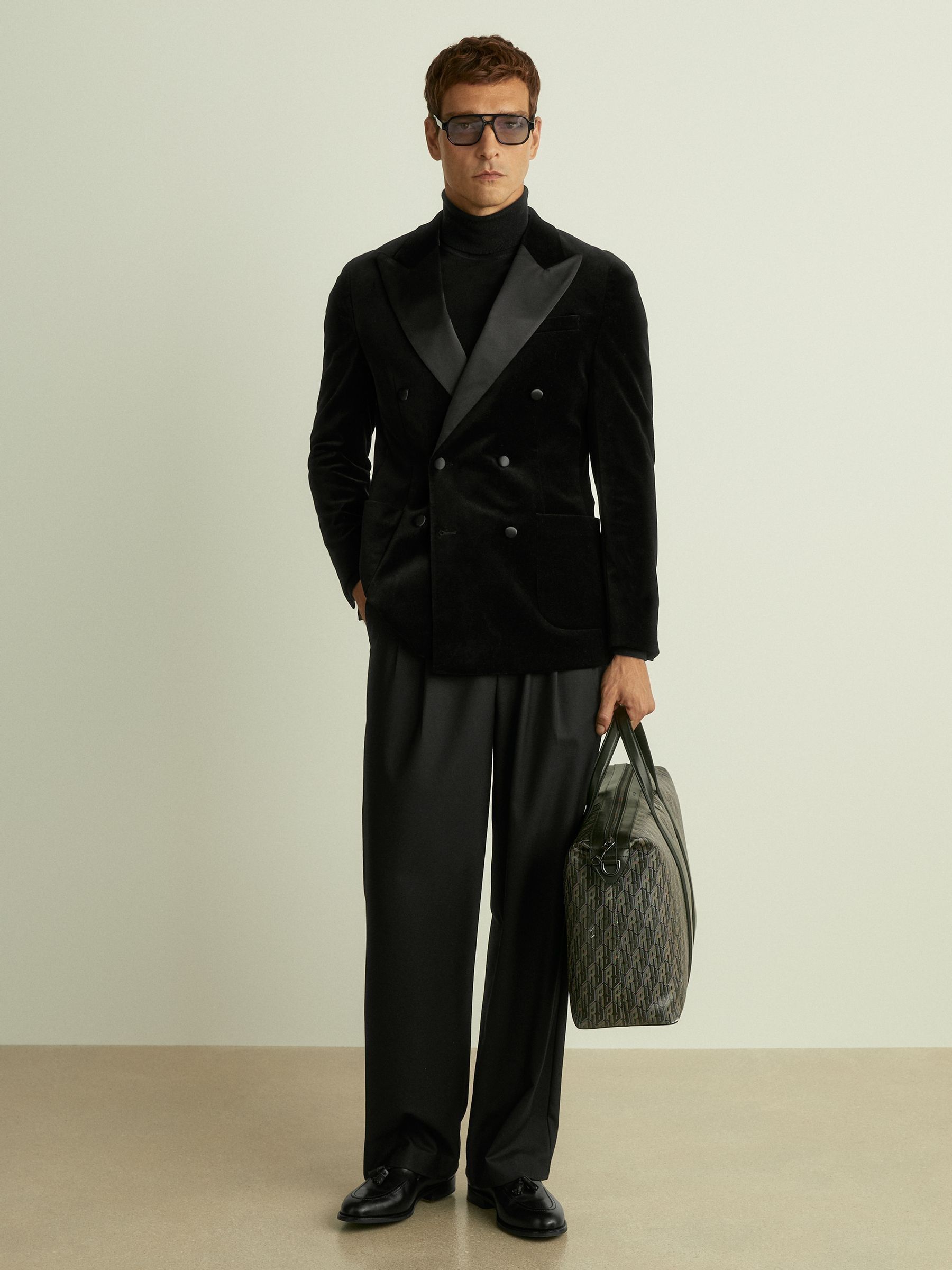 Velvet Double-Breasted Tuxedo Jacket in Black - Image 1 of 8