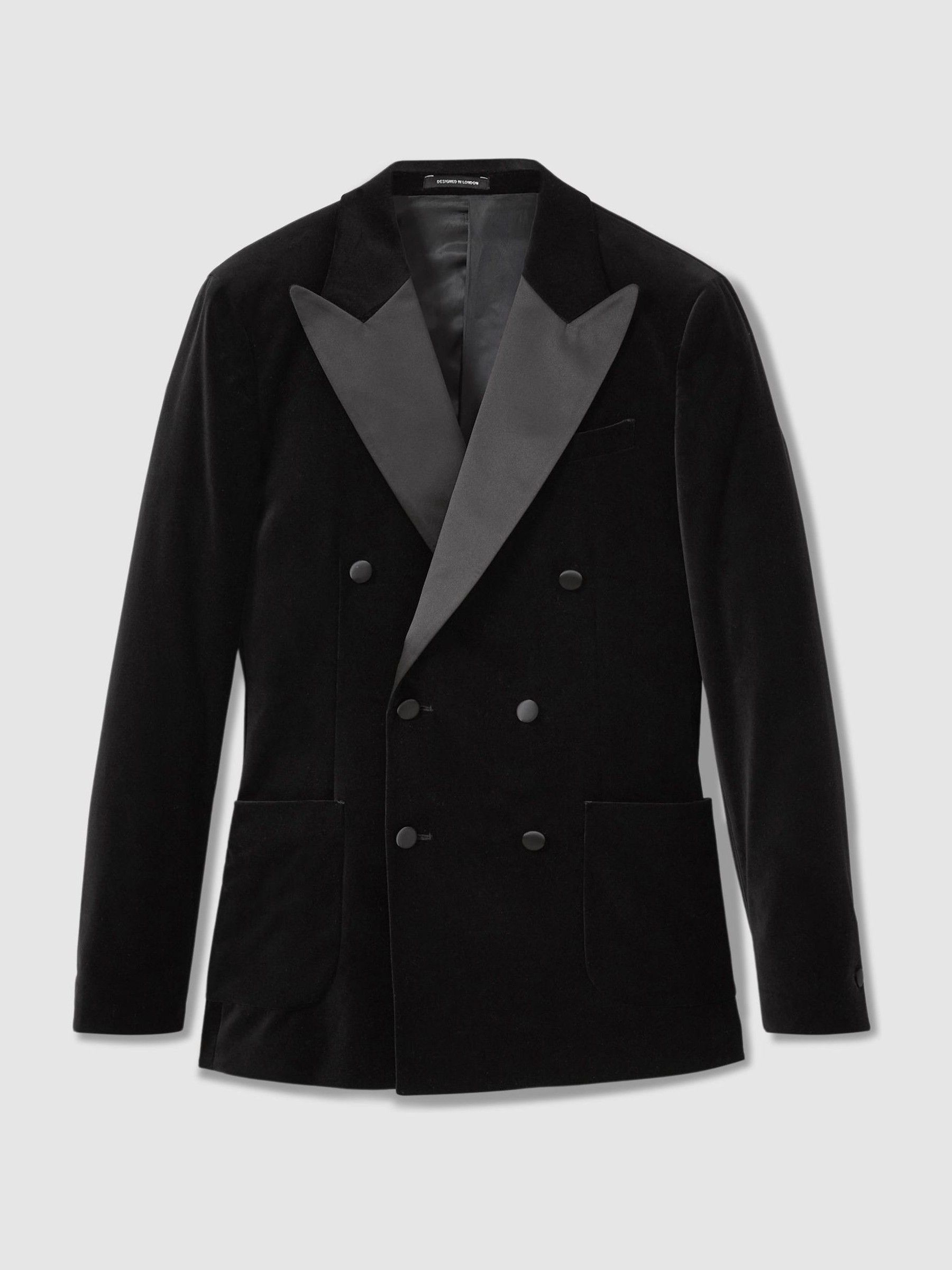 Velvet Double-Breasted Tuxedo Jacket in Black - Image 3 of 8
