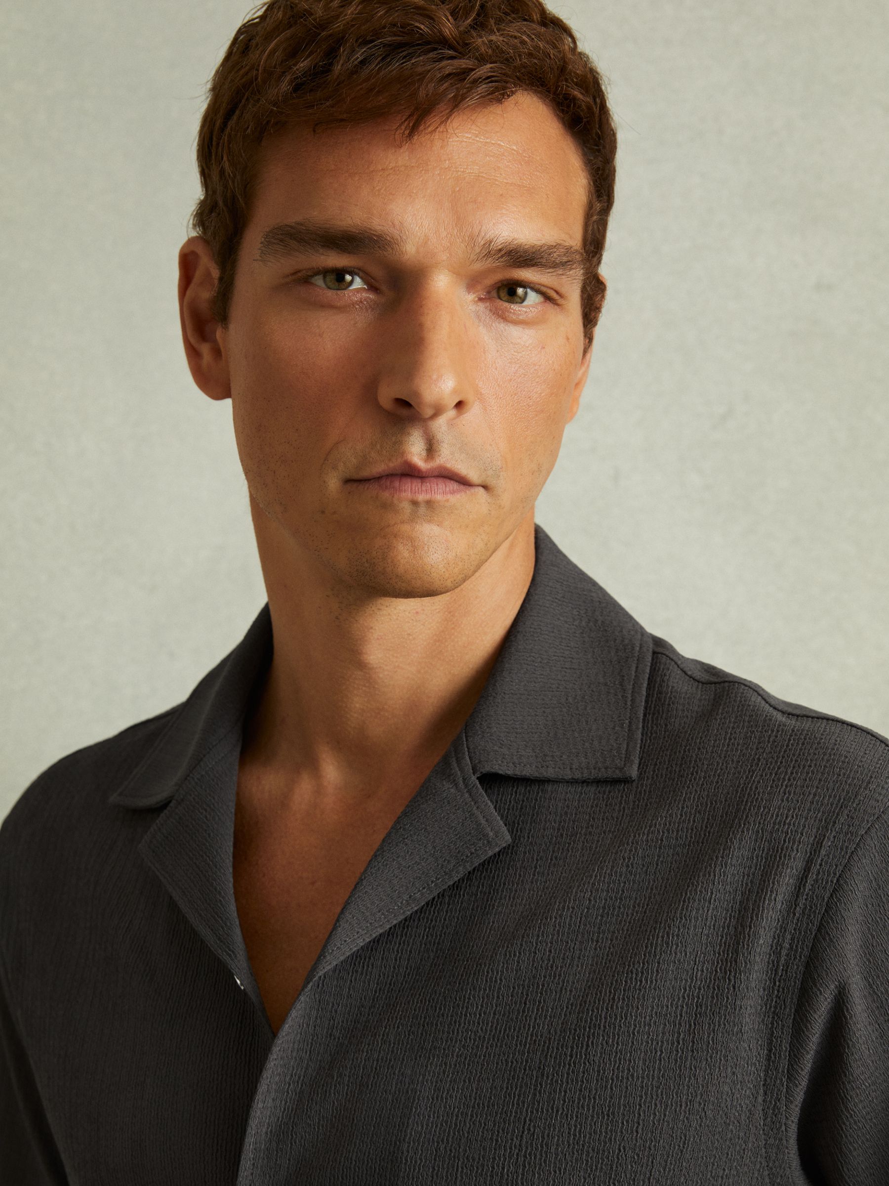 Textured Cuban Collar Shirt in Steel Grey - Image 3 of 5
