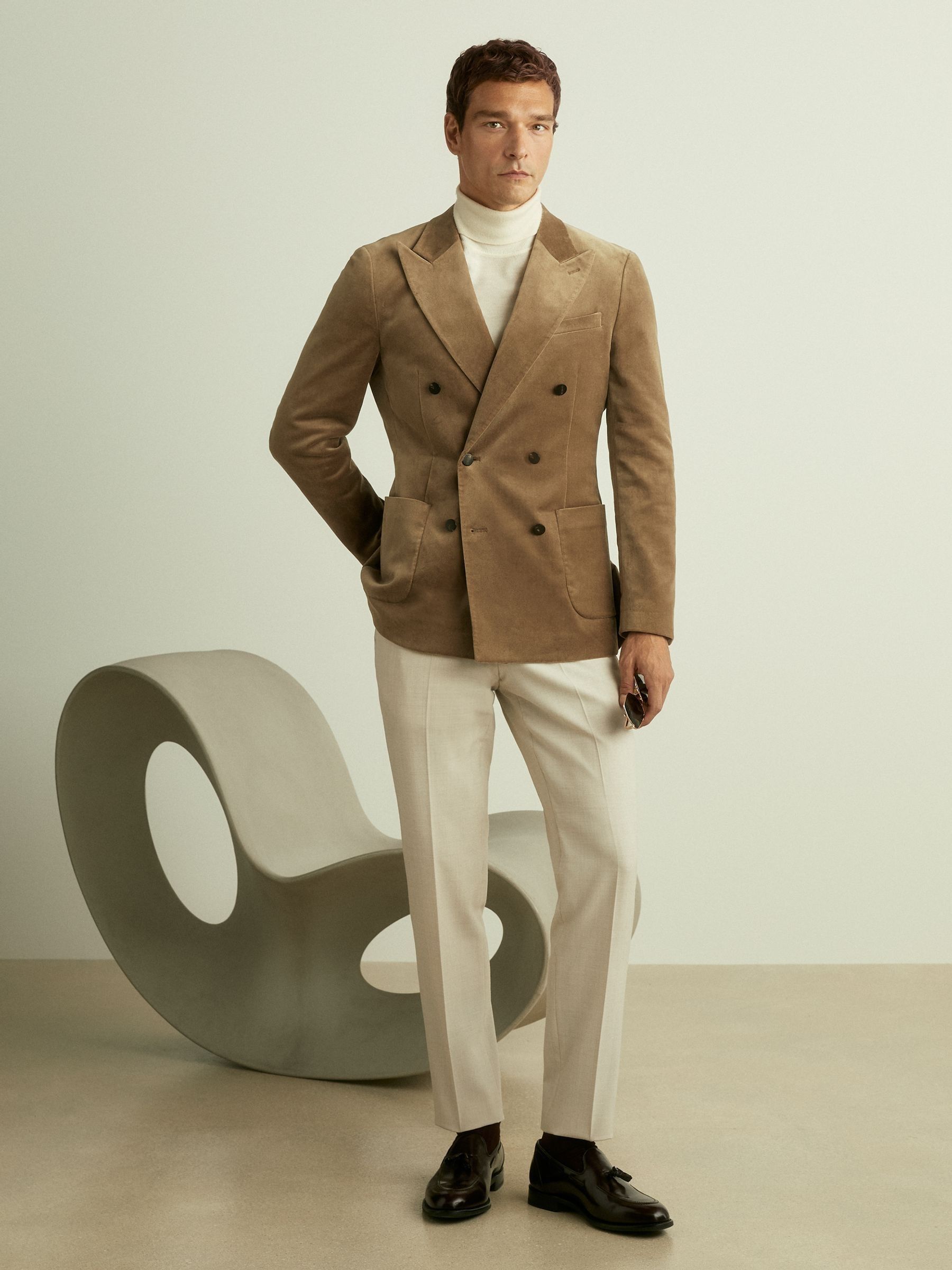 Velvet Double-Breasted Blazer in Taupe Brown - Image 4 of 8