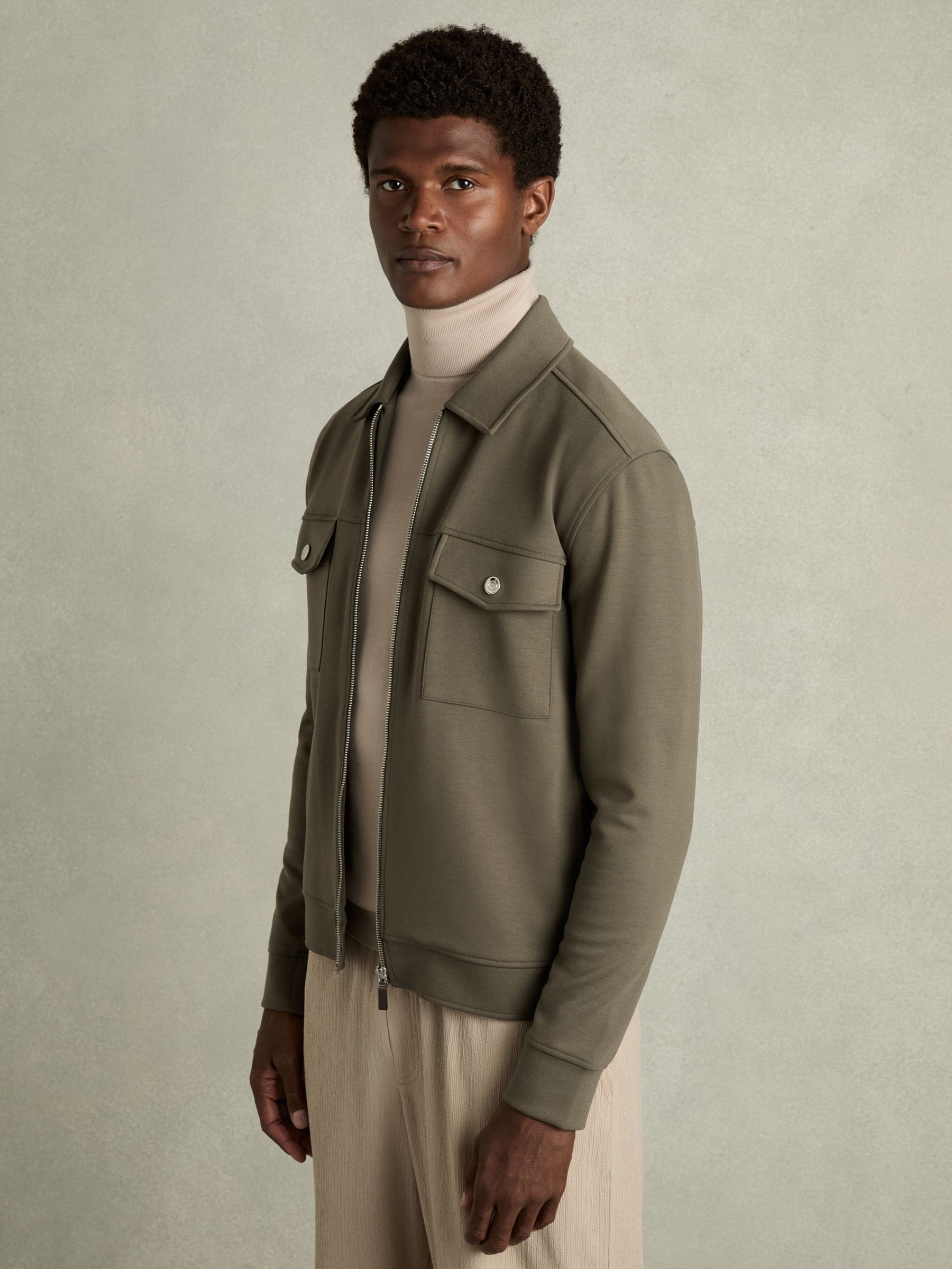 Interlock Jersey Zip-Through Overshirt in Sage Green - Image 1 of 6