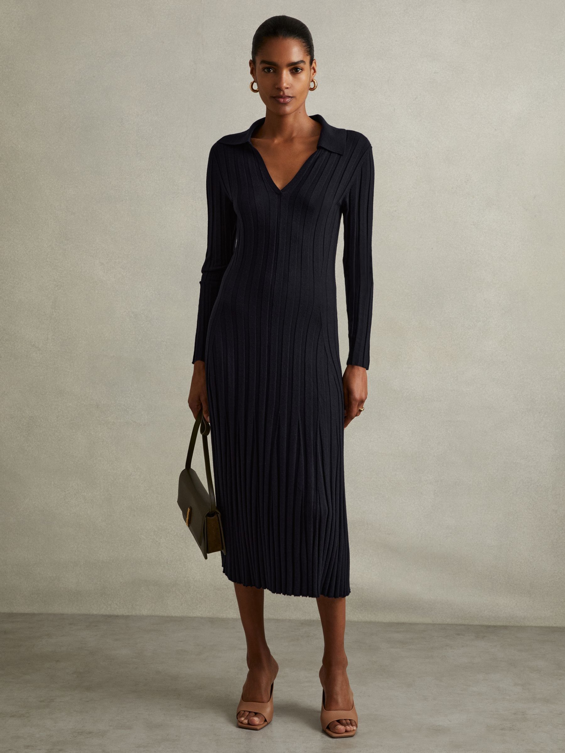 Petite Knitted Open-Collar Midi Dress in Navy - Image 4 of 7