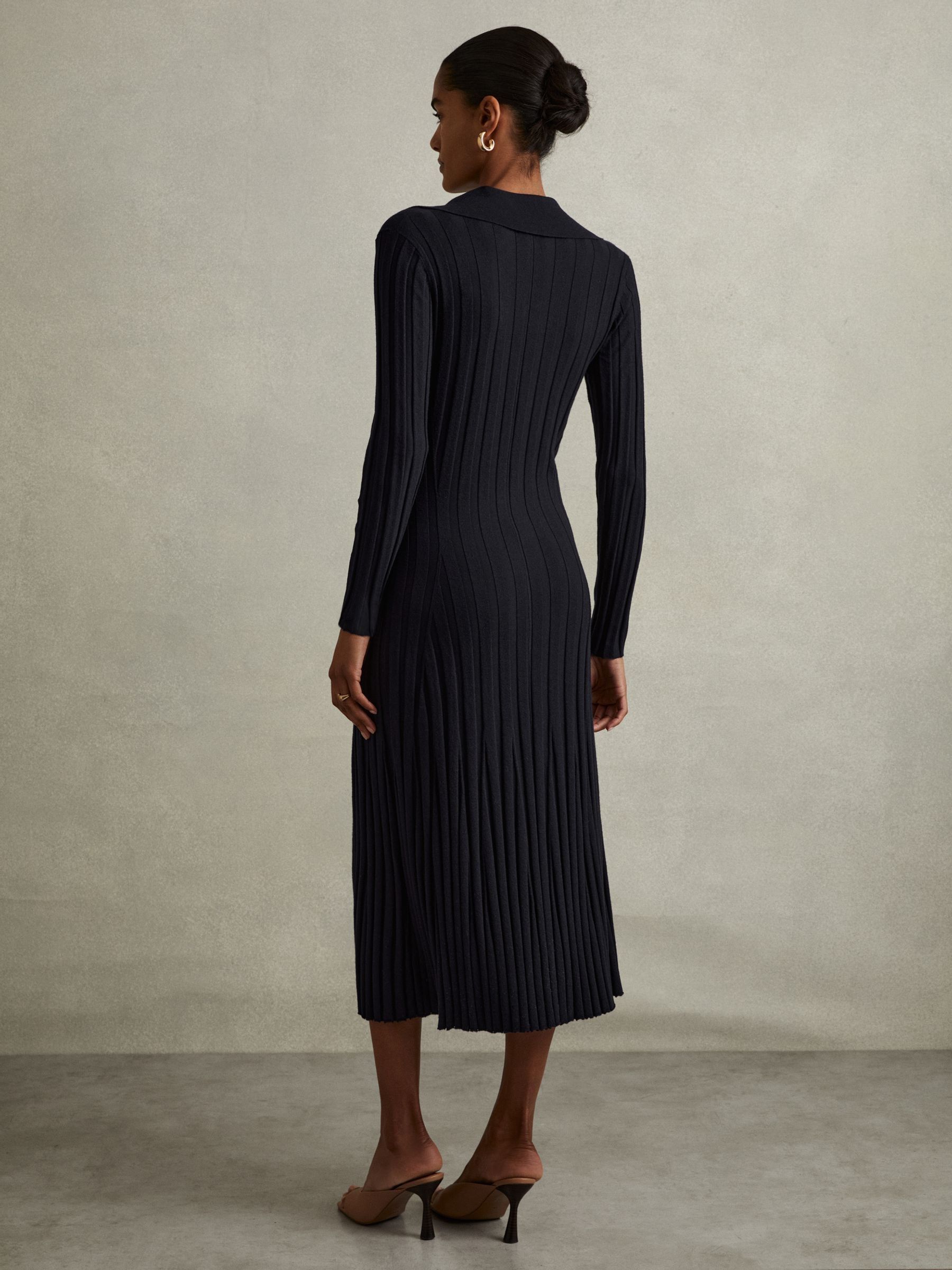 Petite Knitted Open-Collar Midi Dress in Navy - Image 5 of 7