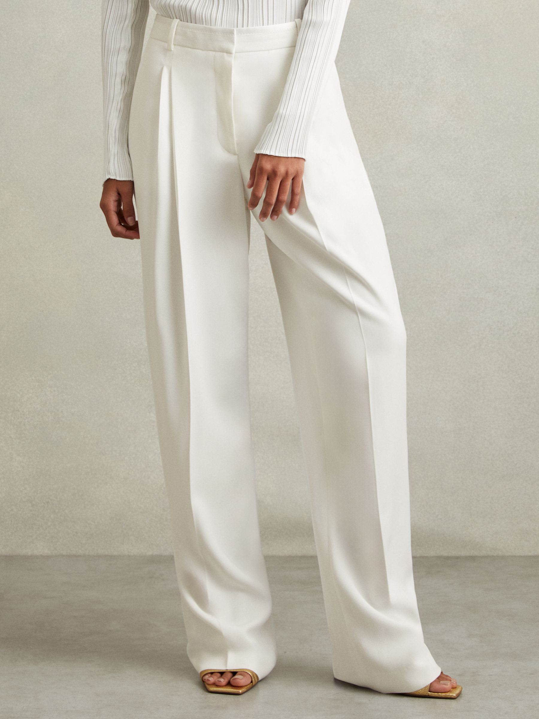 Petite Double Pleat Wide Leg Tux Trousers in Cream - Image 1 of 7
