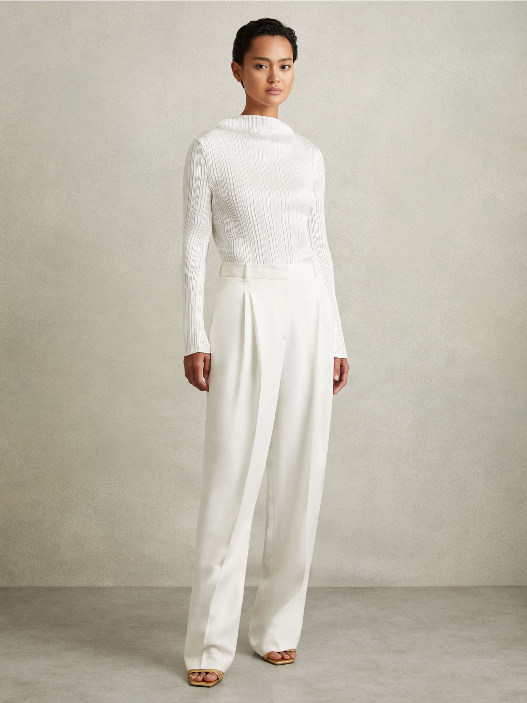 Petite Double Pleat Wide Leg Tux Trousers in Cream - Image 3 of 7