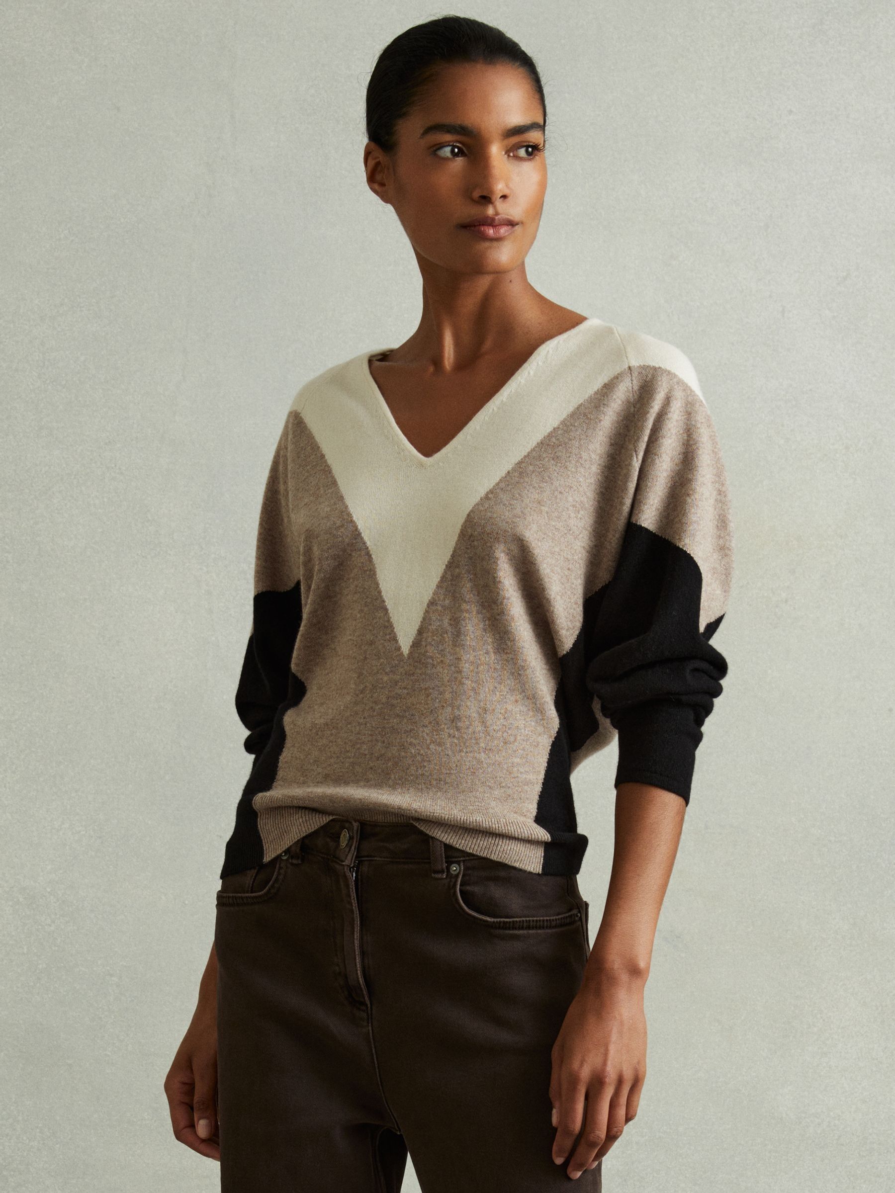 Wool Blend Colourblock V-Neck Jumper in Neutral/Black - Image 1 of 5