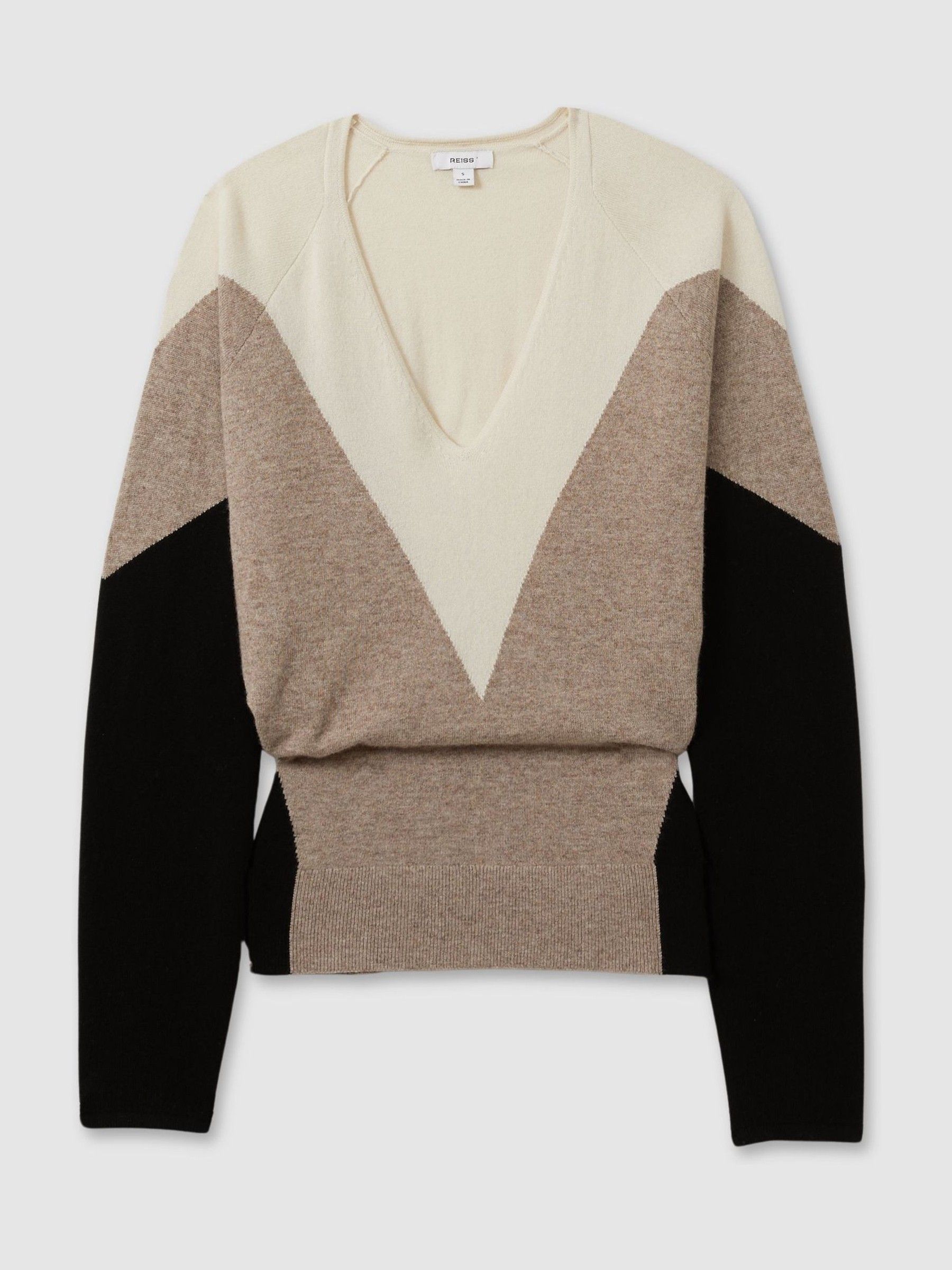 Wool Blend Colourblock V-Neck Jumper in Neutral/Black - Image 2 of 5