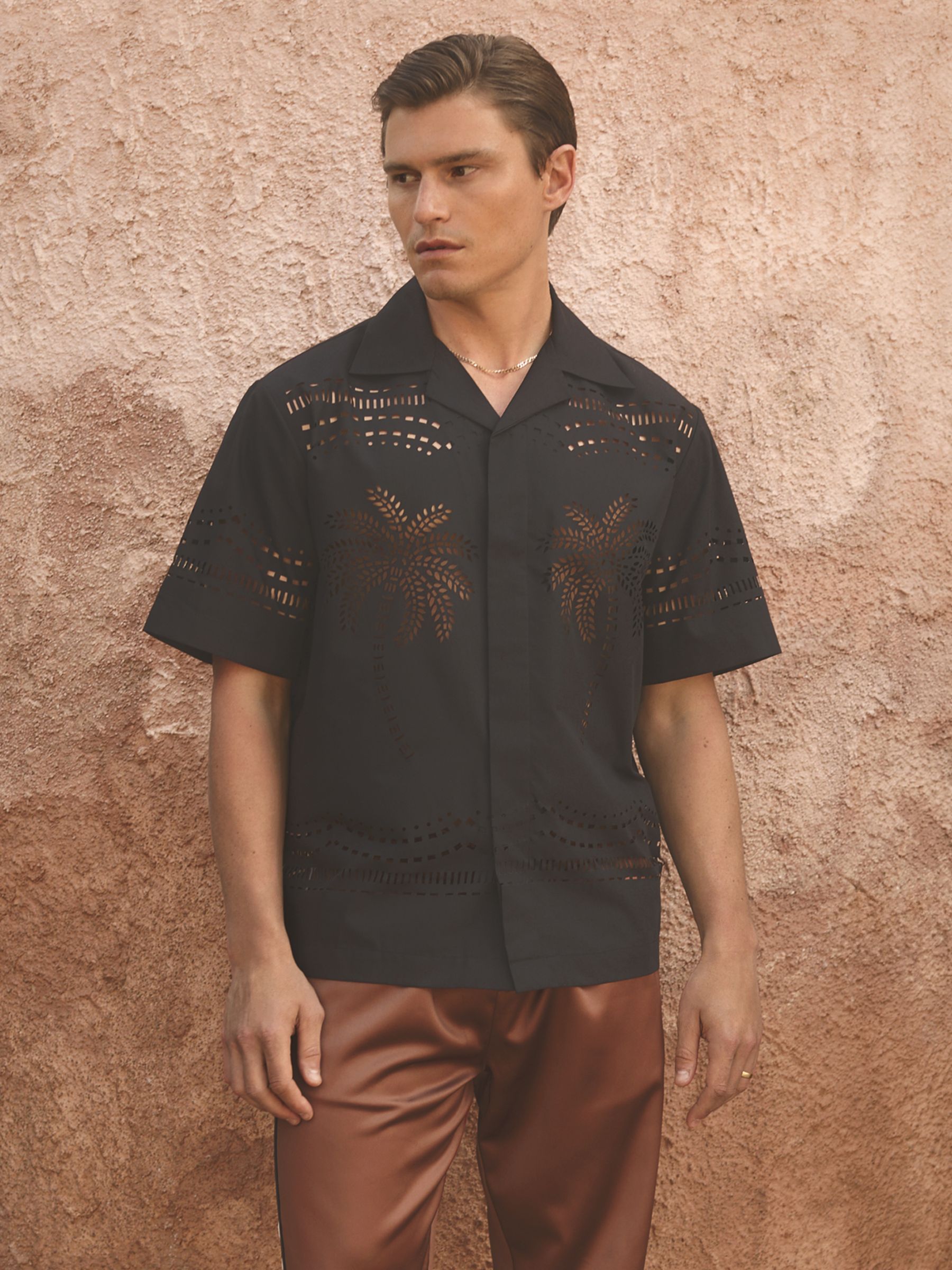 Reiss | Ché Poplin Laser Cut-Out Cuban Collar Shirt in Black - Image 1 of 5