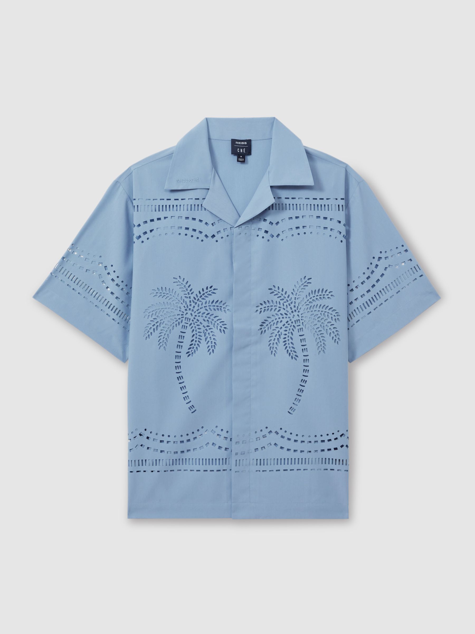 Reiss | Ché Poplin Laser Cut-Out Cuban Collar Shirt in Soft Blue - Image 1 of 6