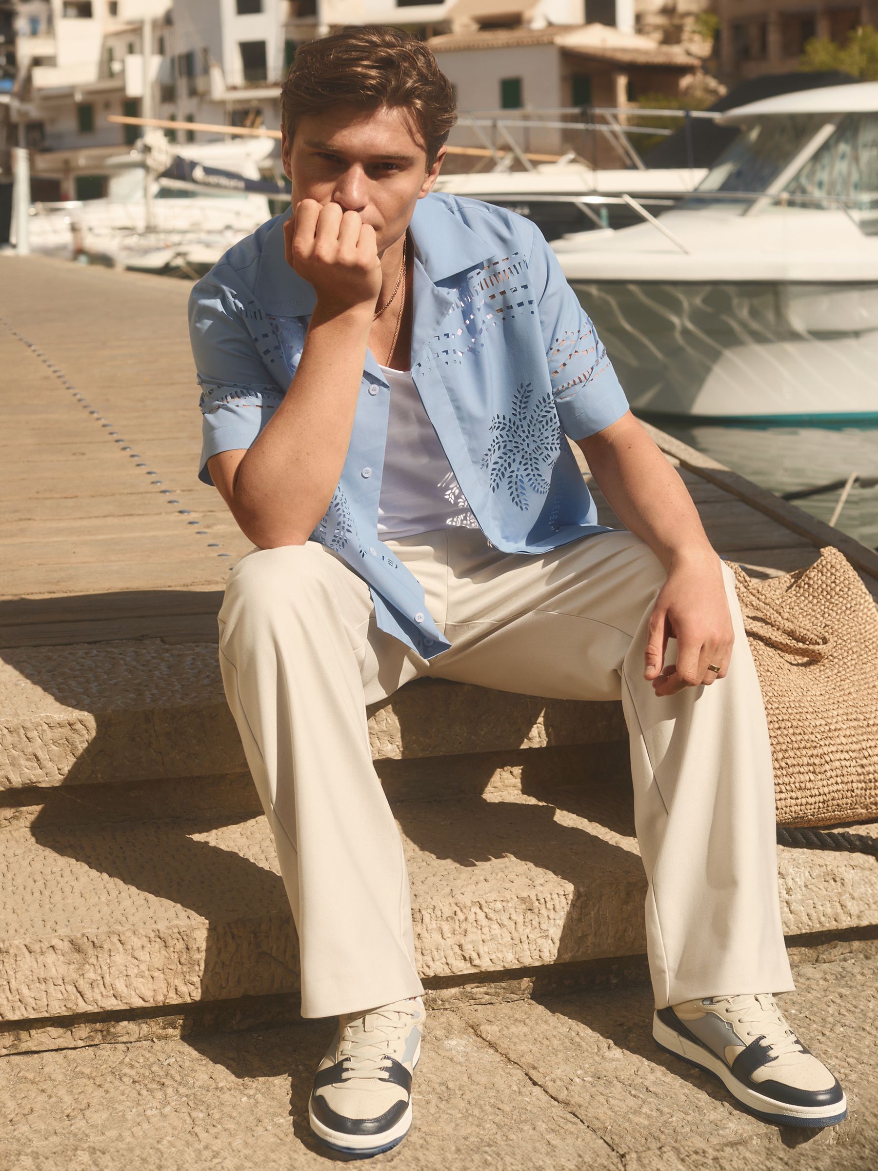 Reiss | Ché Poplin Laser Cut-Out Cuban Collar Shirt in Soft Blue - Image 2 of 6