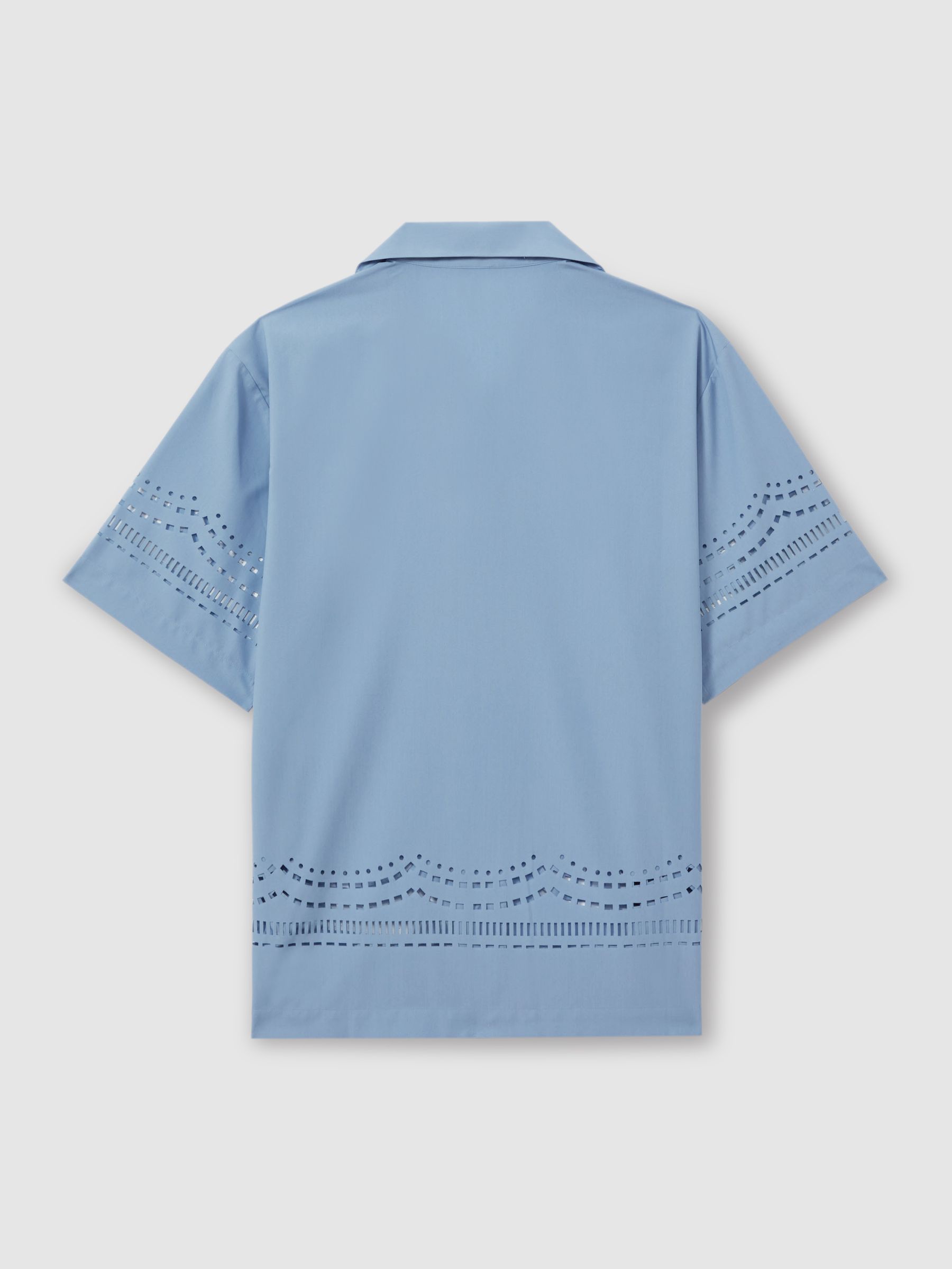 Reiss | Ché Poplin Laser Cut-Out Cuban Collar Shirt in Soft Blue - Image 4 of 6