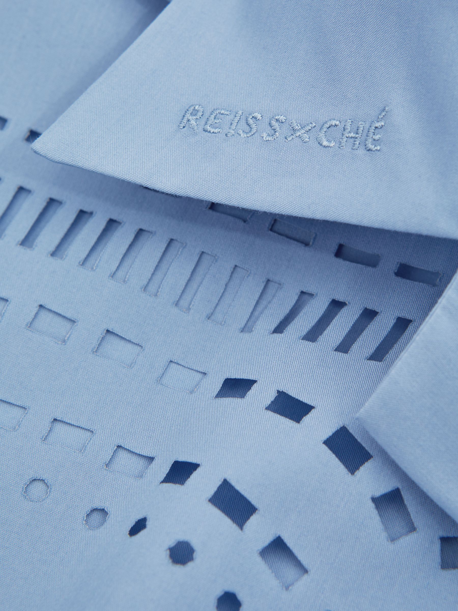 Reiss | Ché Poplin Laser Cut-Out Cuban Collar Shirt in Soft Blue - Image 6 of 6