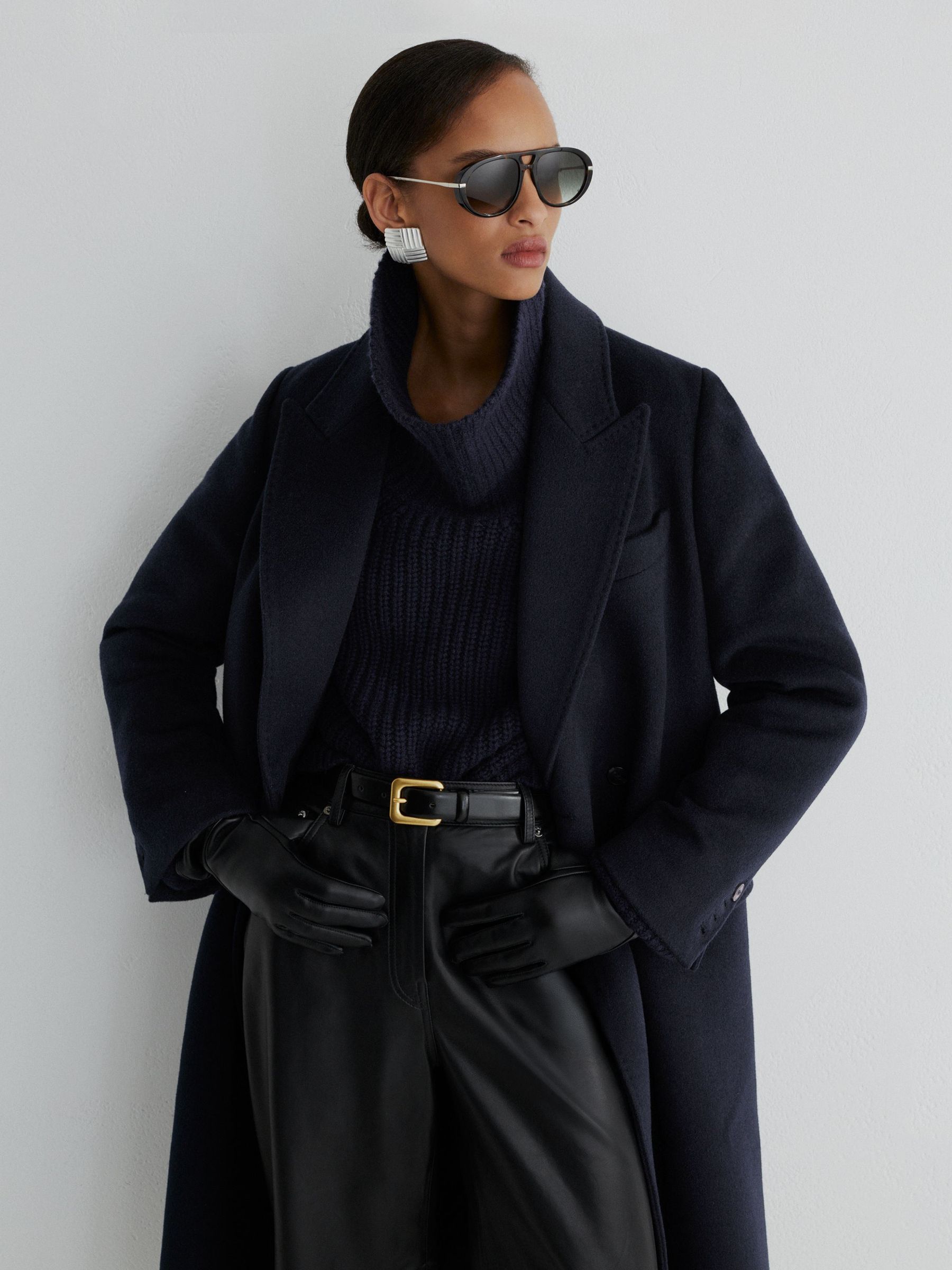 Atelier Wool-Blend Double-Breasted Long Coat in Navy - Image 3 of 11