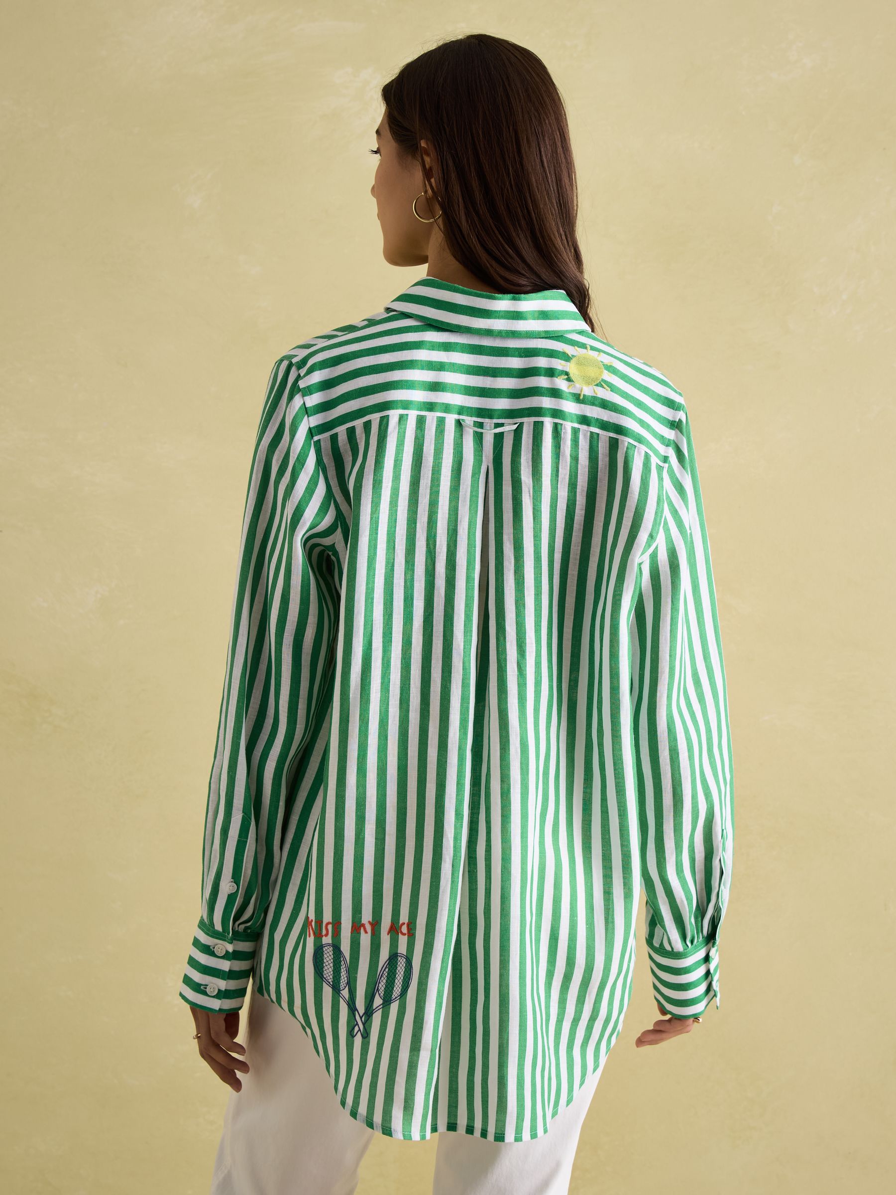 Set Match Green & White 100% Linen Shirt with Tennis Embroidery - Image 2 of 6