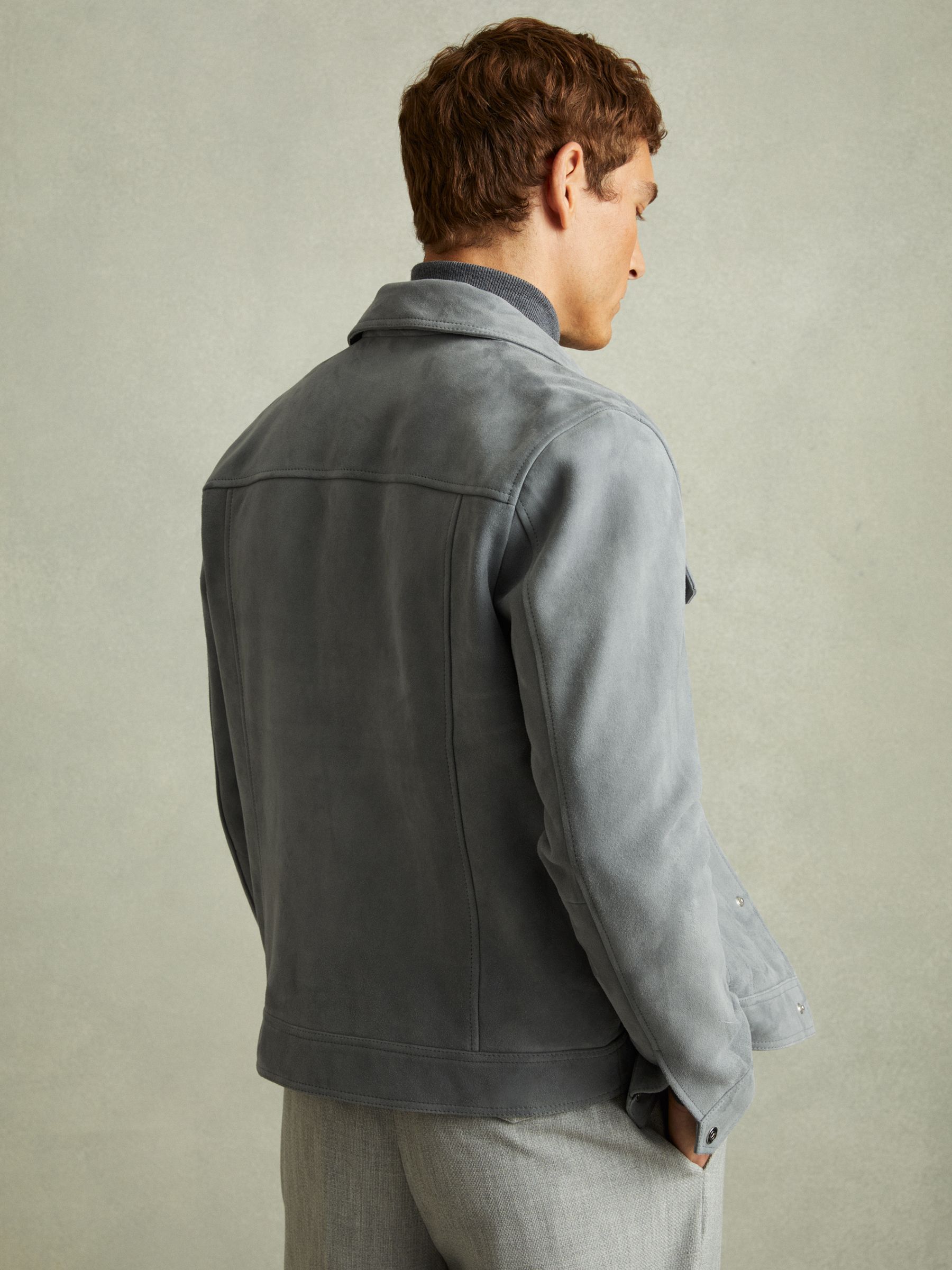 Suede Trucker Jacket in Sky Blue - Image 4 of 6