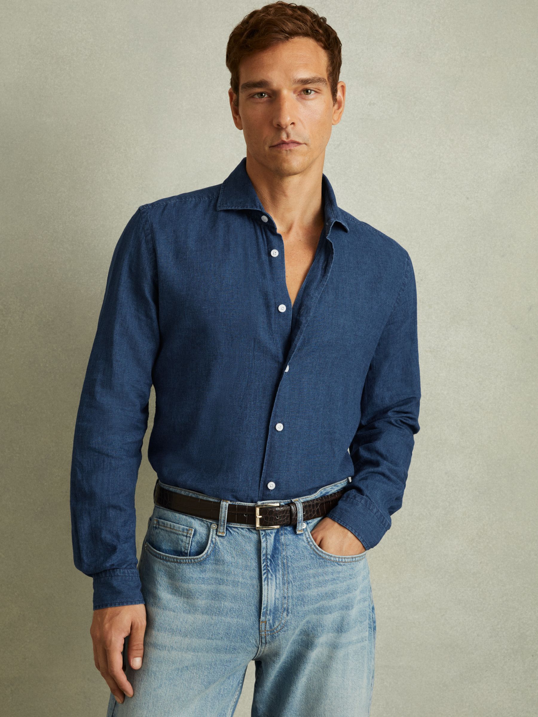 Delta Blue Multi Linen-Cotton Puppytooth Cutaway Collar Shirt - Image 1 of 6