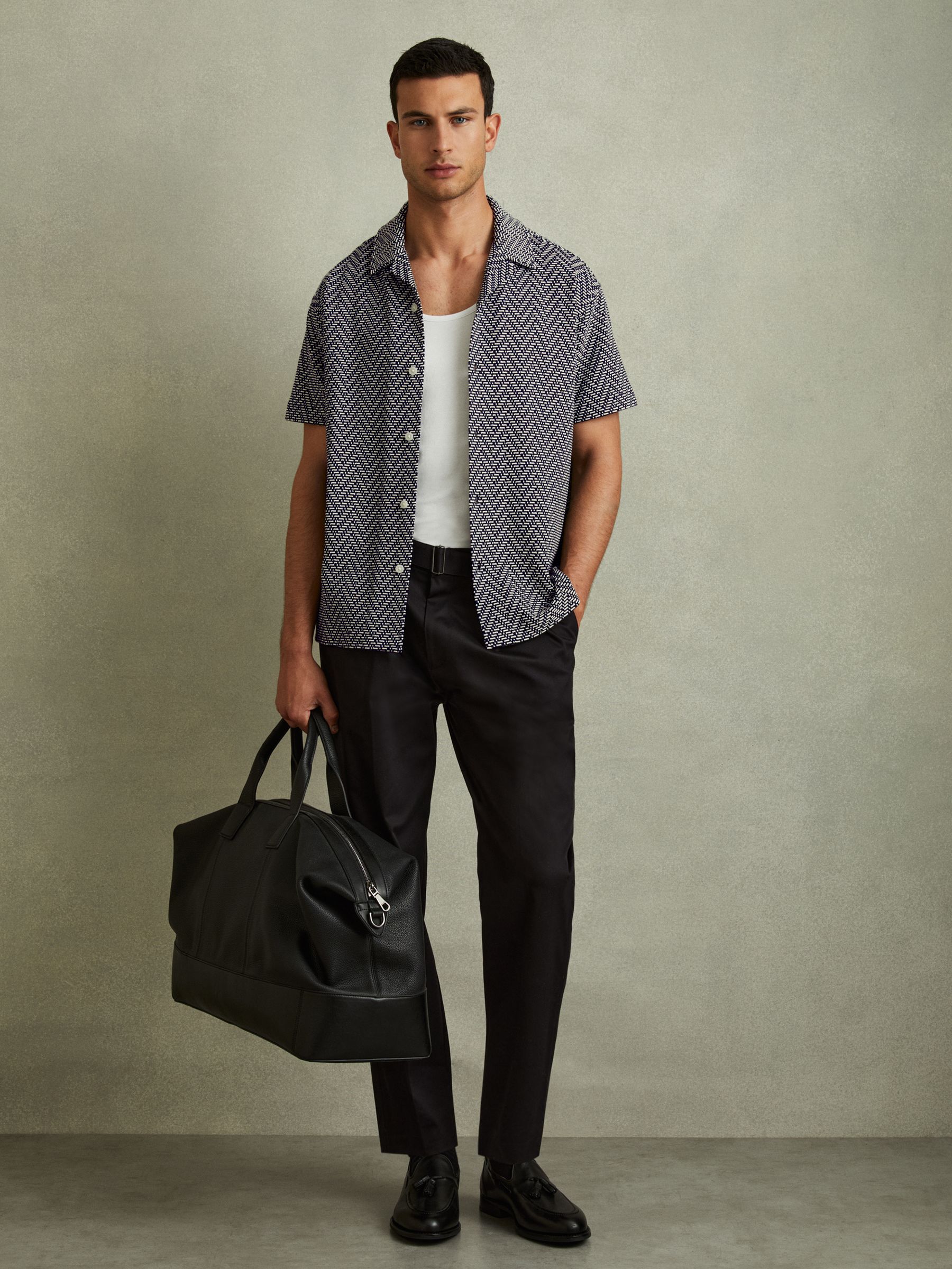 Zig-Zag Cuban Collar Shirt in Navy - Image 1 of 4
