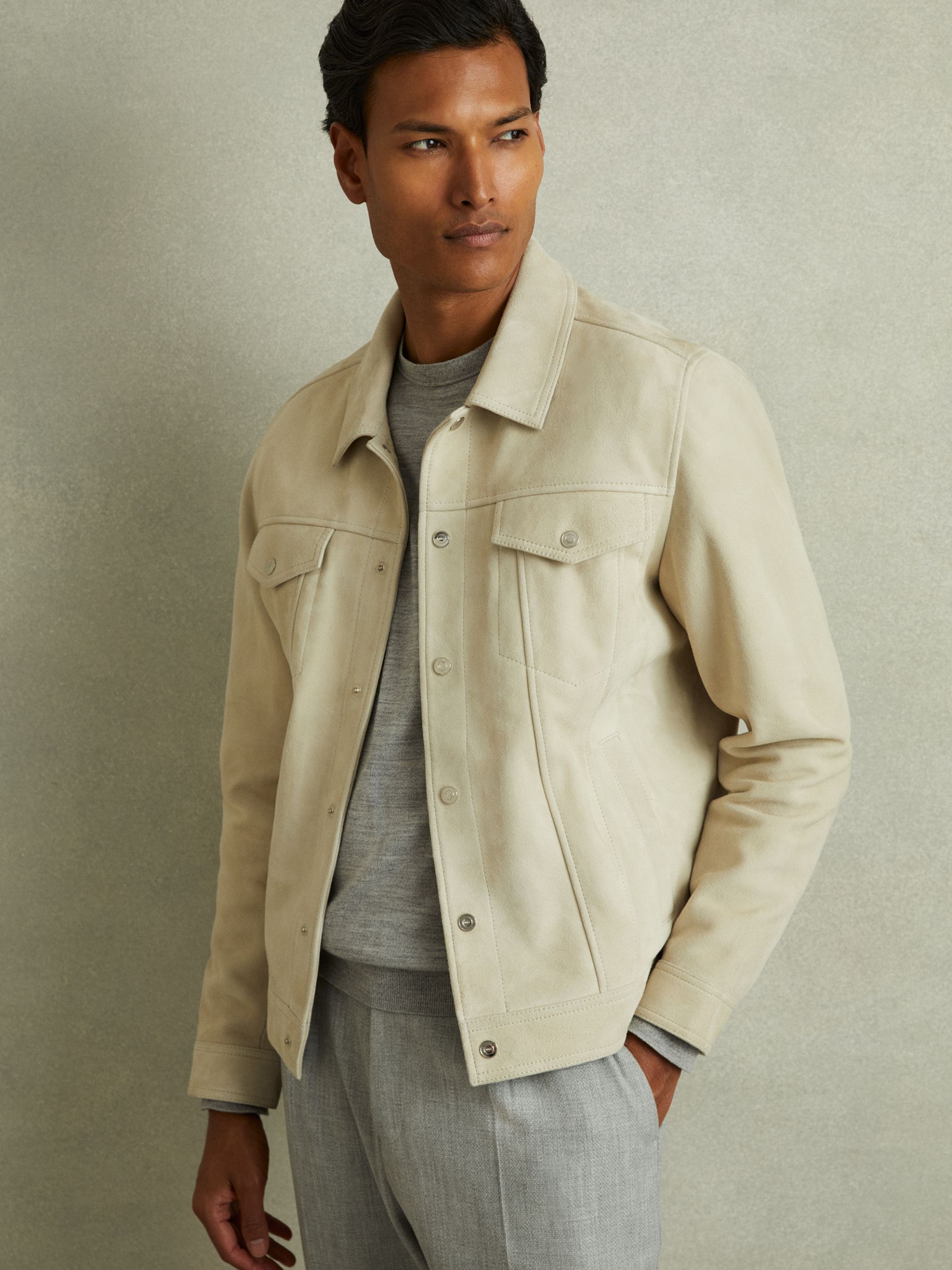 Suede Trucker Jacket in Off White - Image 3 of 6