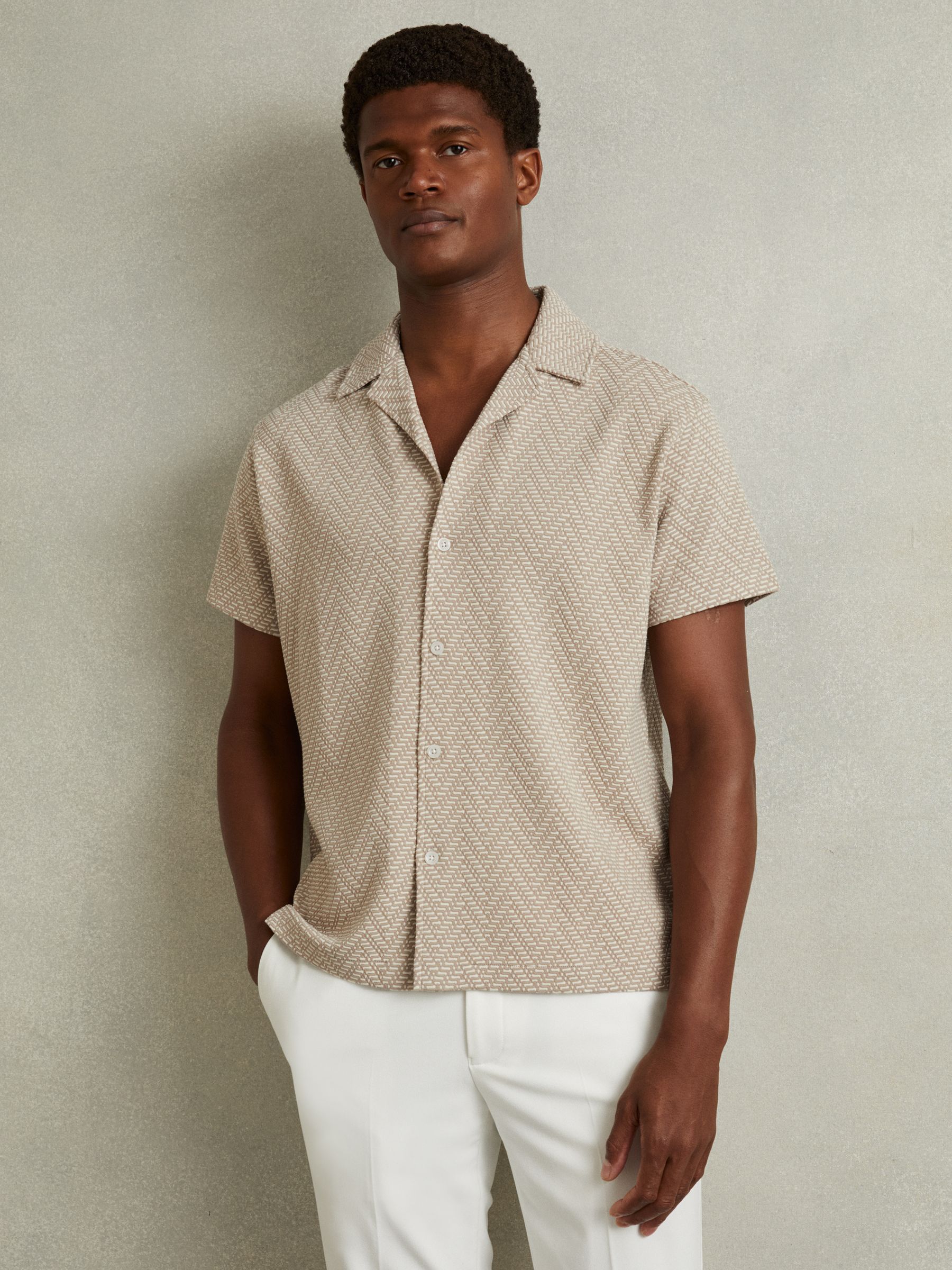 Zig-Zag Cuban Collar Shirt in Oatmeal - Image 1 of 4