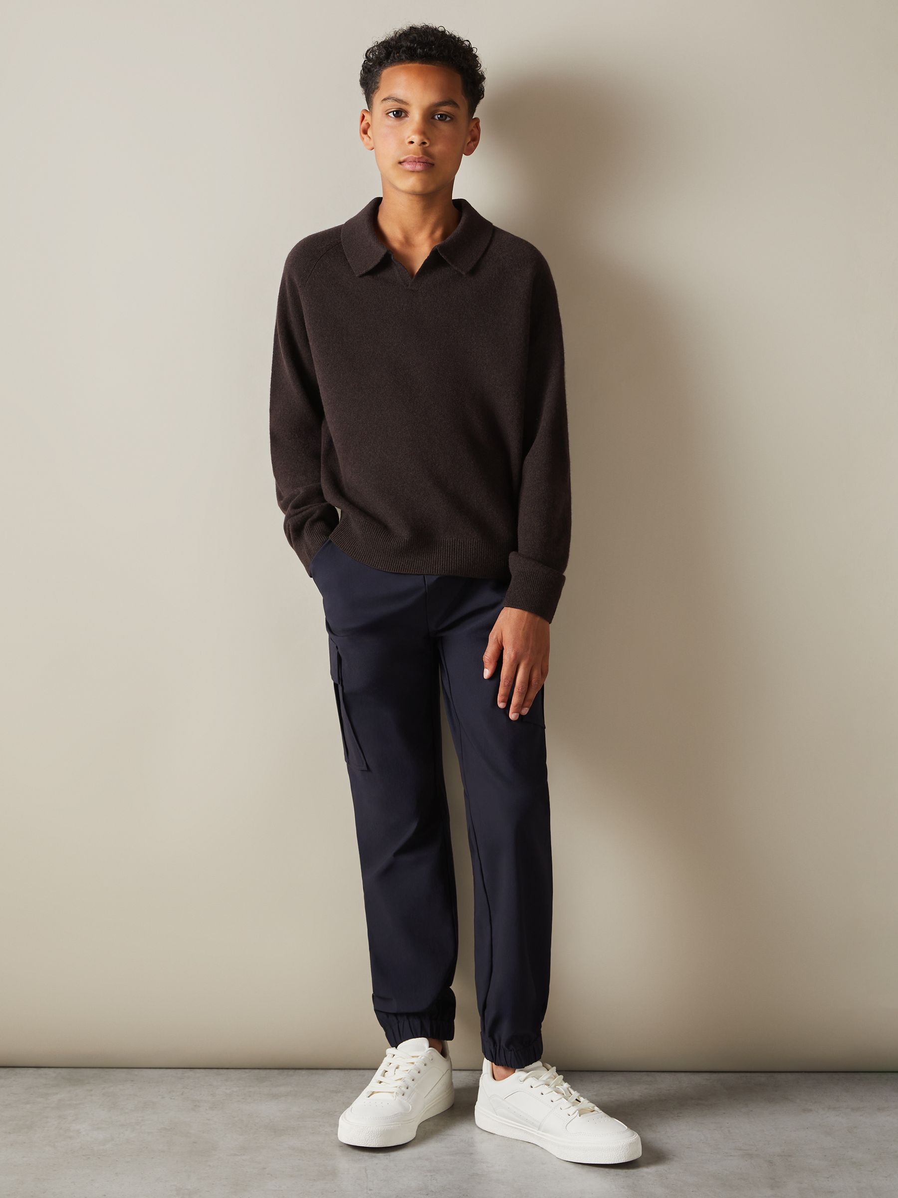Junior Wool-Cashmere Open Collar Polo Shirt in Chocolate Brown - Image 1 of 4