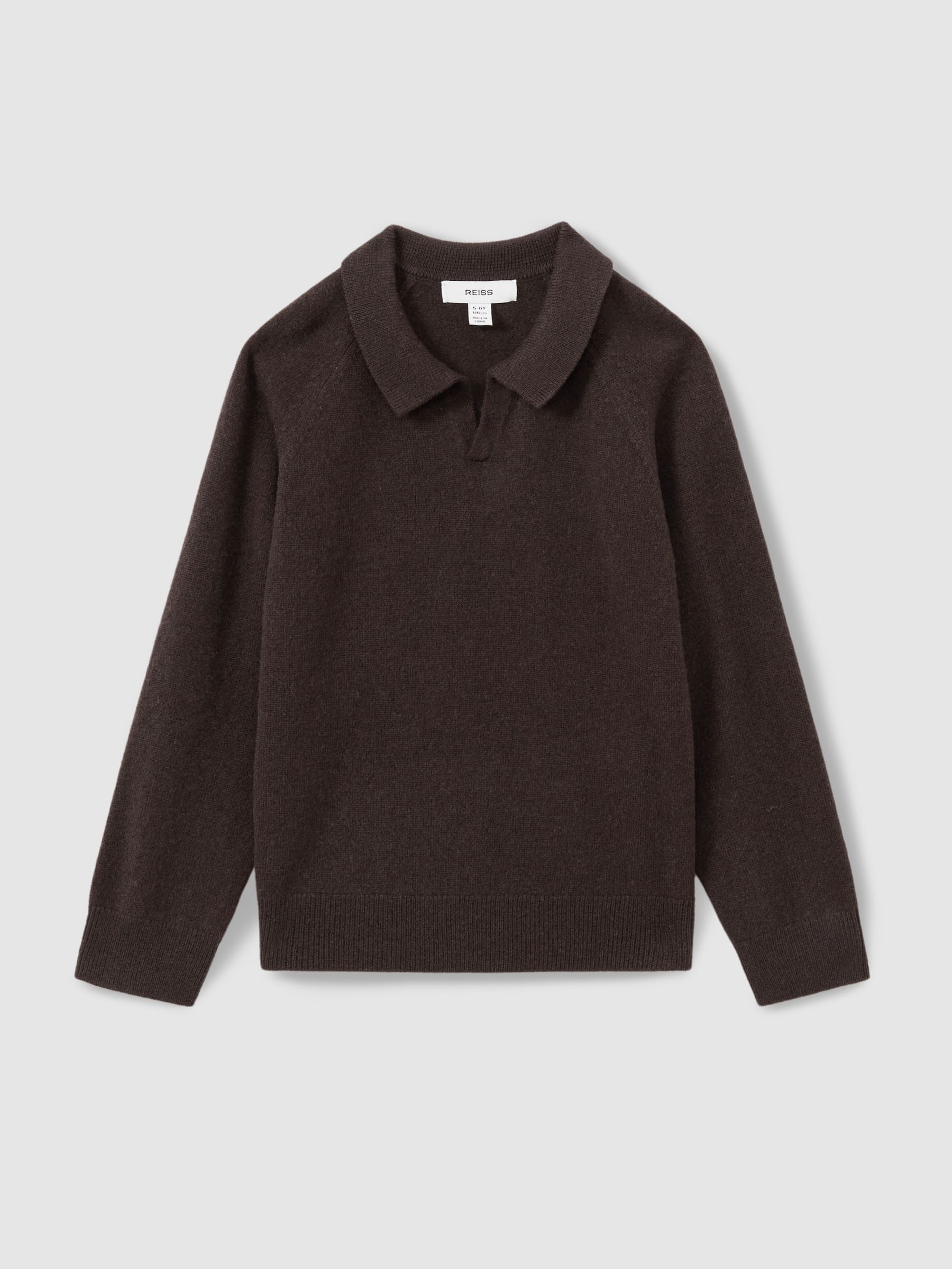 Junior Wool-Cashmere Open Collar Polo Shirt in Chocolate Brown - Image 2 of 4