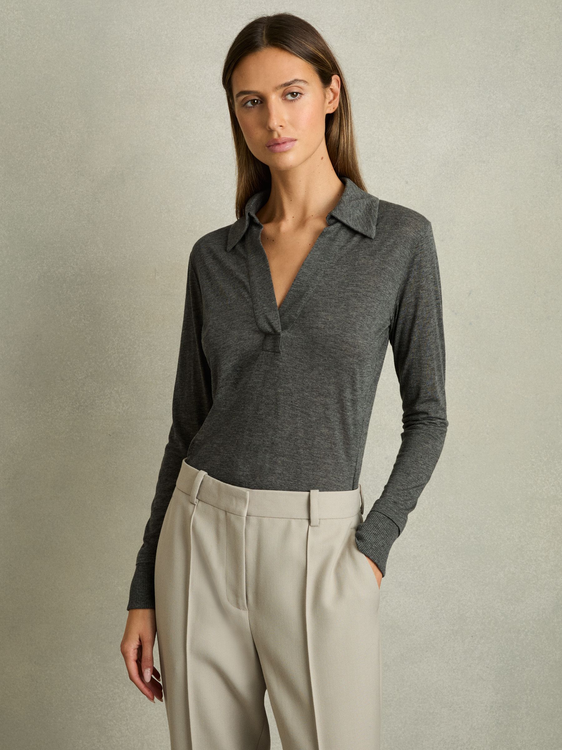 Lyocell-Wool Open-Collar Top in Charcoal - Image 1 of 6