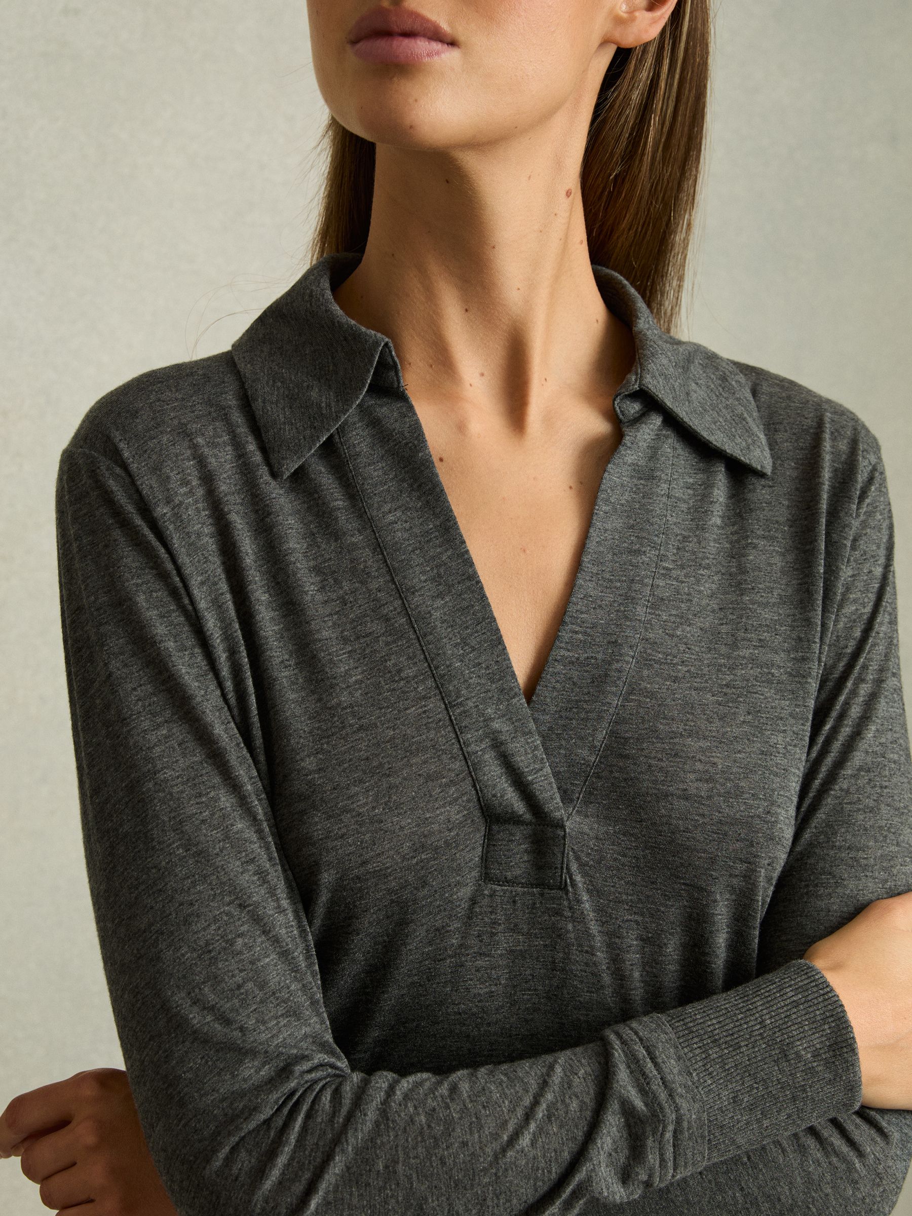 Lyocell-Wool Open-Collar Top in Charcoal - Image 4 of 6
