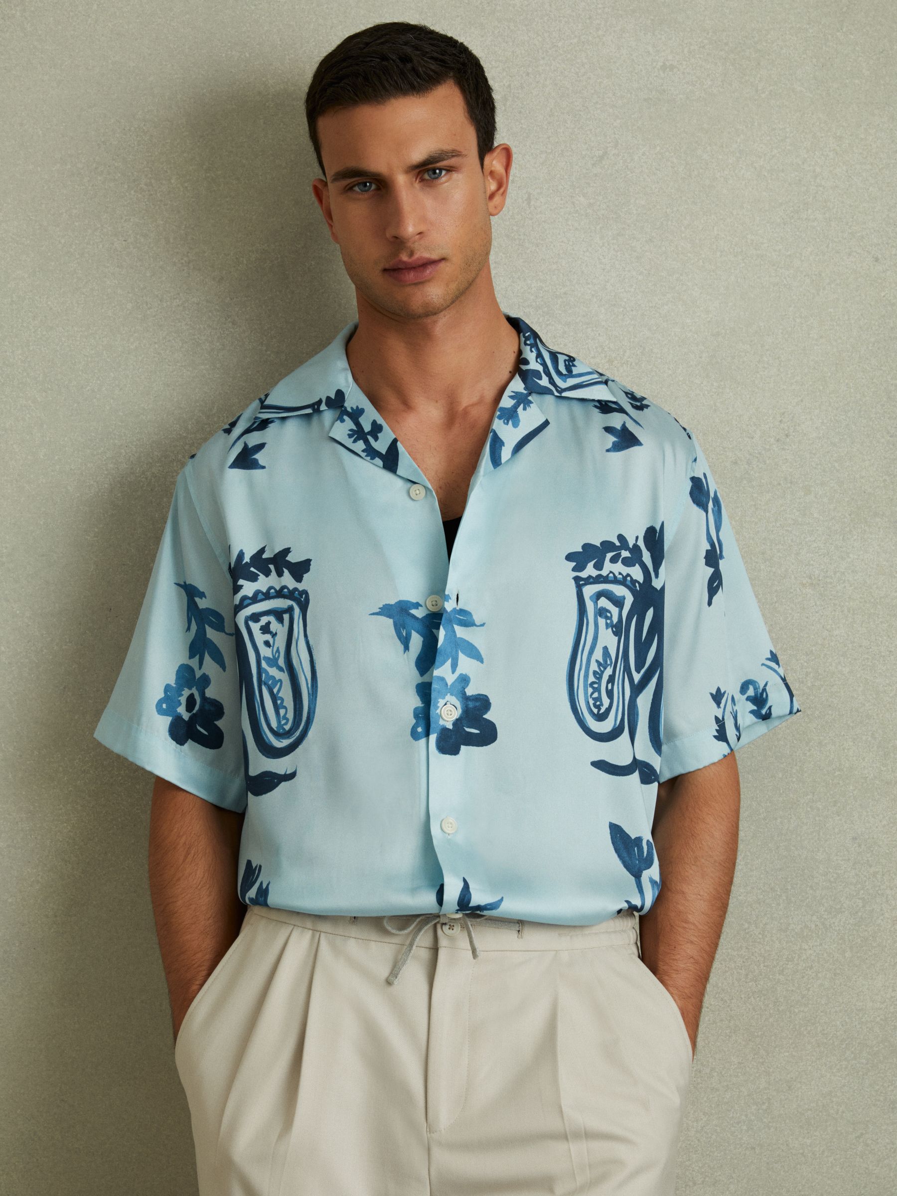 Relaxed Floral Print Cuban Collar Shirt in Soft Blue/Airforce Blue - Image 1 of 4